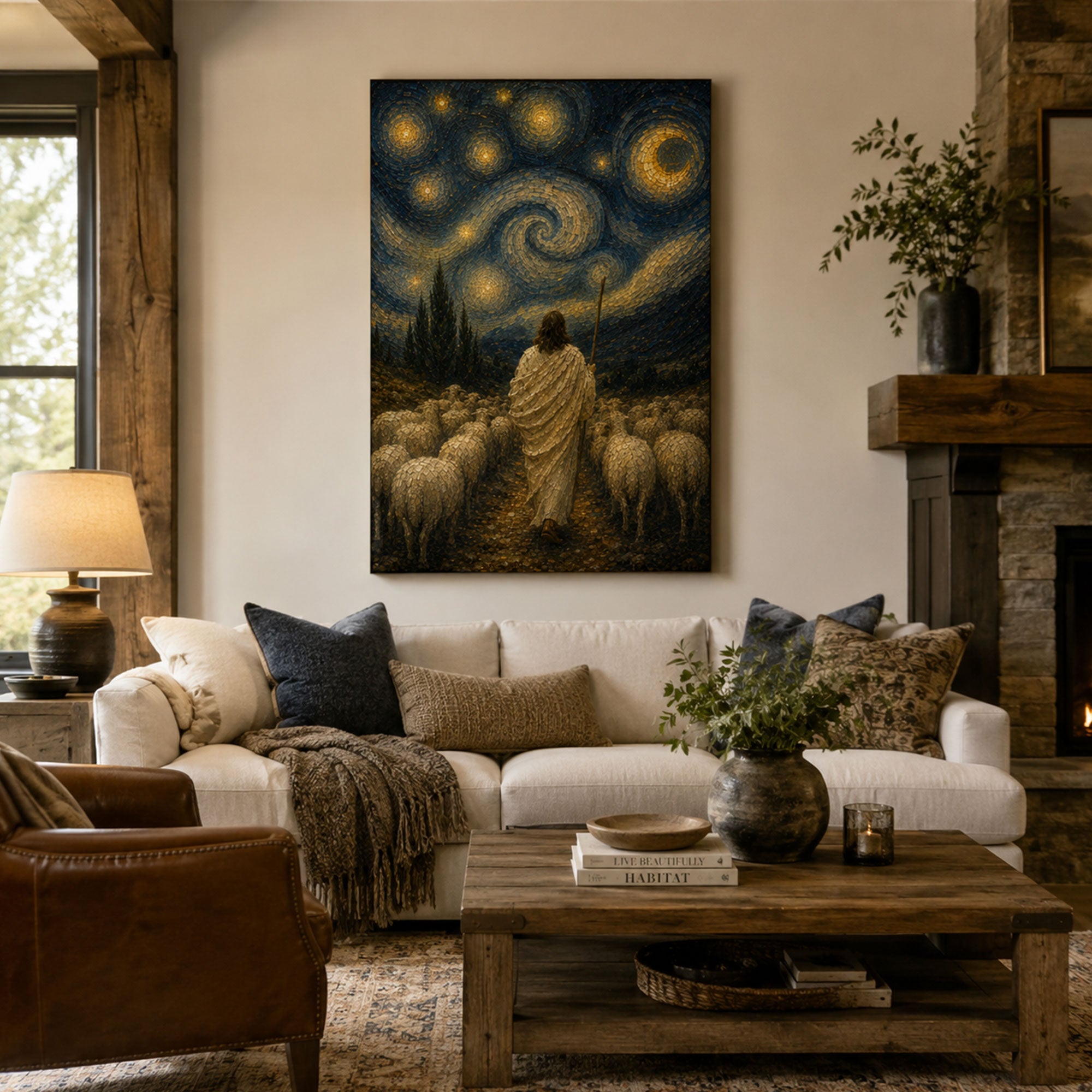 Good Shepherd Starry Night Canvas Print, Jesus with Sheep Christian Wall Art, Faith Home Decor Gift