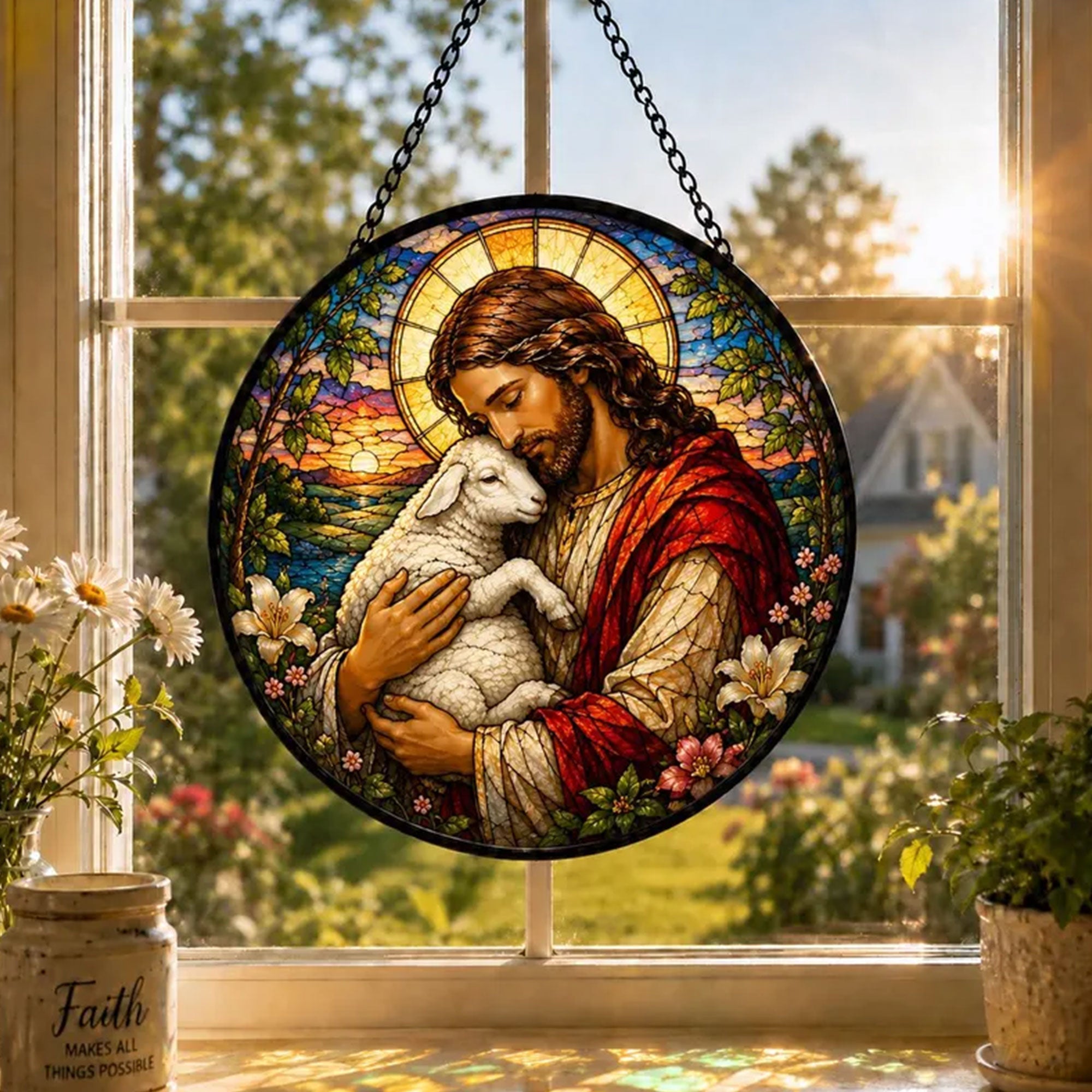 Jesus Holding Lamb Suncatcher, Good Shepherd Christian Window Hanging, Religious Gift for Home