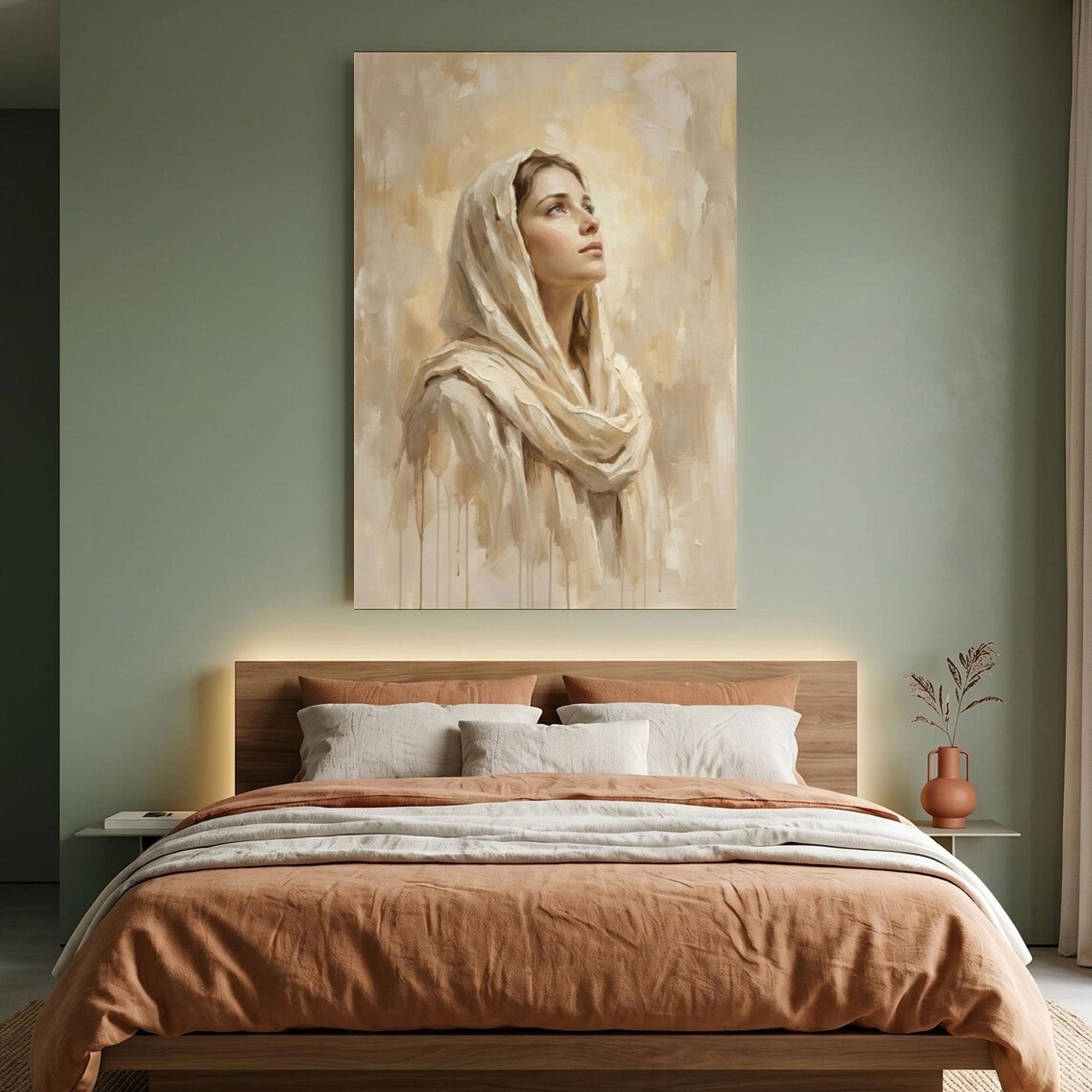 Above Bed Virgin Mary Canvas Print, Catholic Madonna Wall Art, Blessed Mother Bedroom Decor, Inspirational Faith Gift