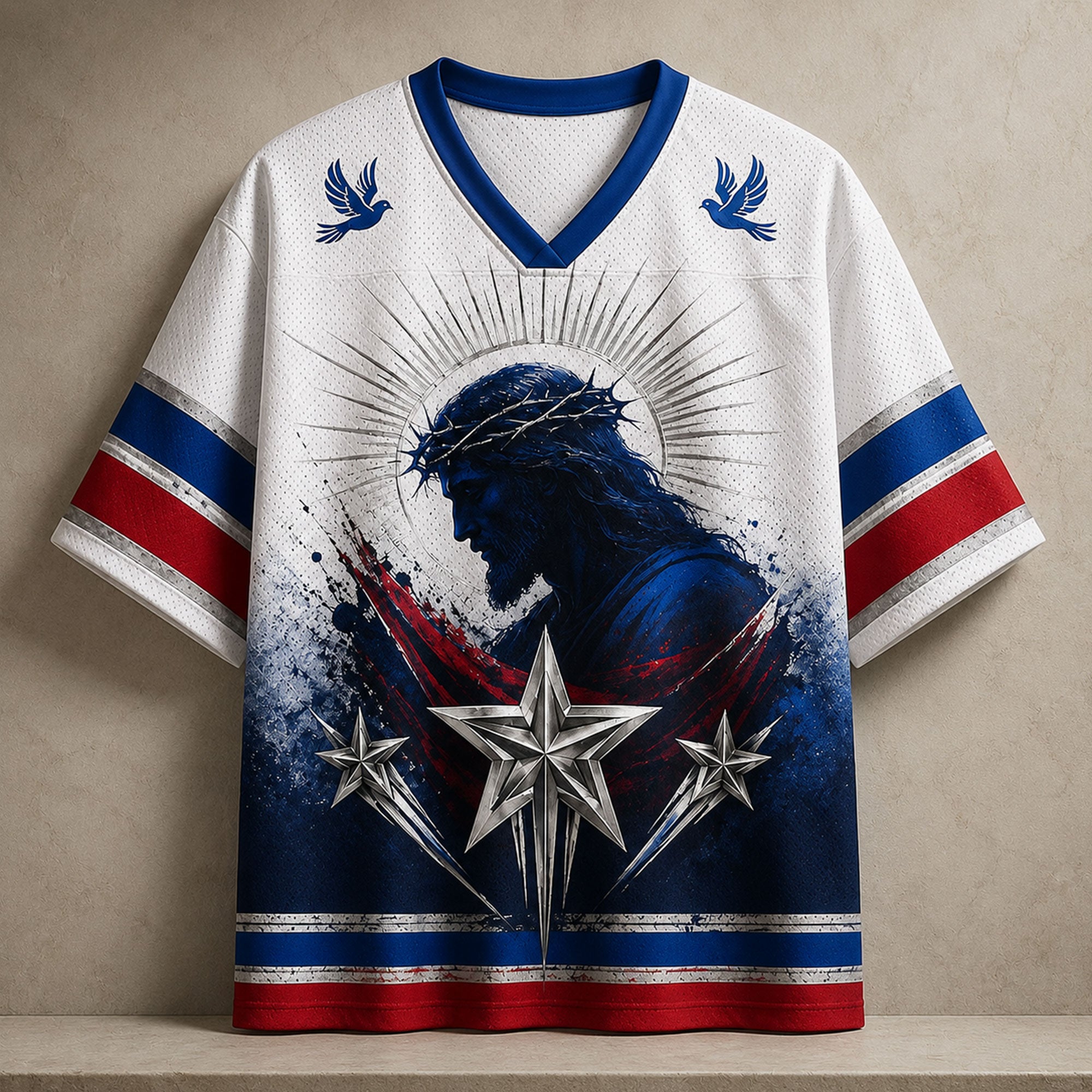 Jesus Crown of Thorns Christian Mesh Jersey, Red White and Blue Star Faith Shirt, Dove Religious Apparel