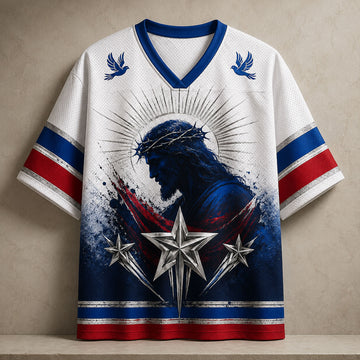 Jesus Crown of Thorns Christian Mesh Jersey, Red White and Blue Star Faith Shirt, Dove Religious Apparel