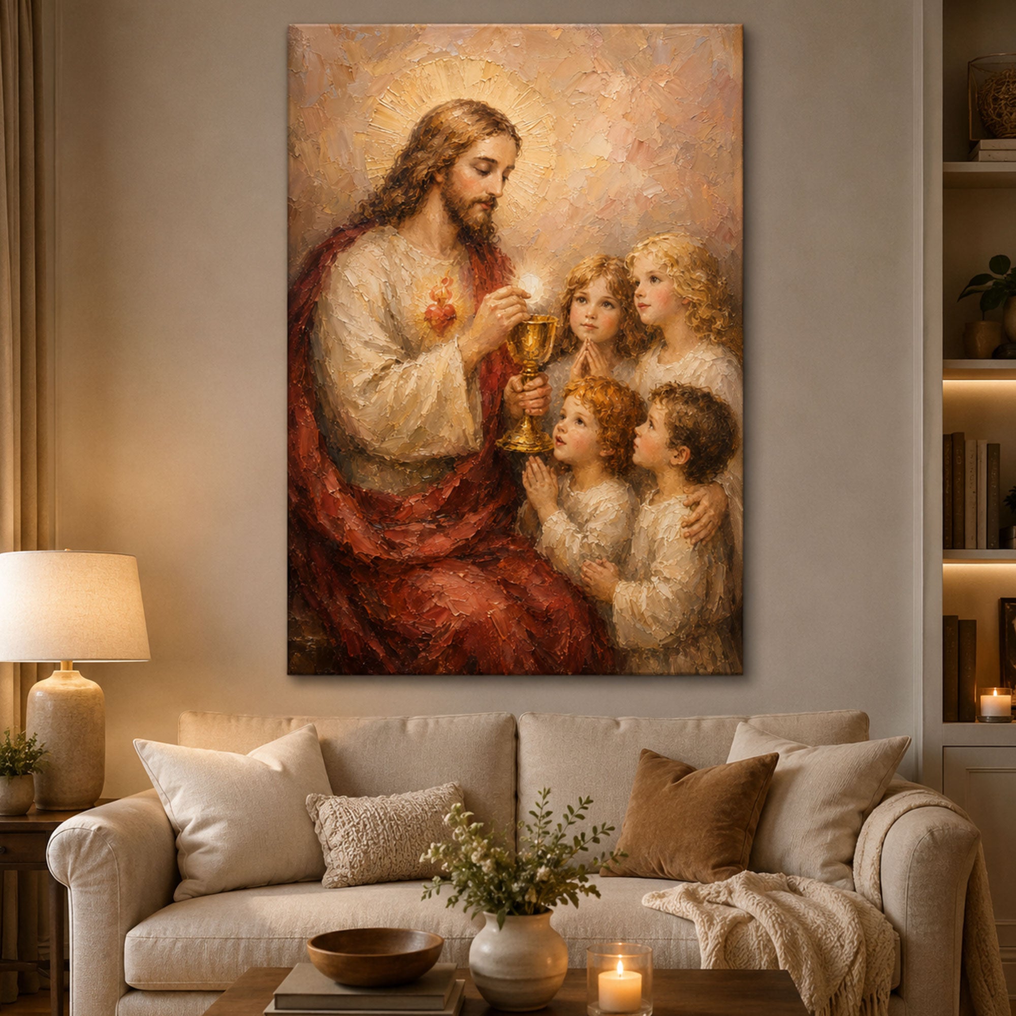 Jesus and Children Holy Communion Canvas Print, First Communion Catholic Wall Art, Eucharistic Faith Home Decor