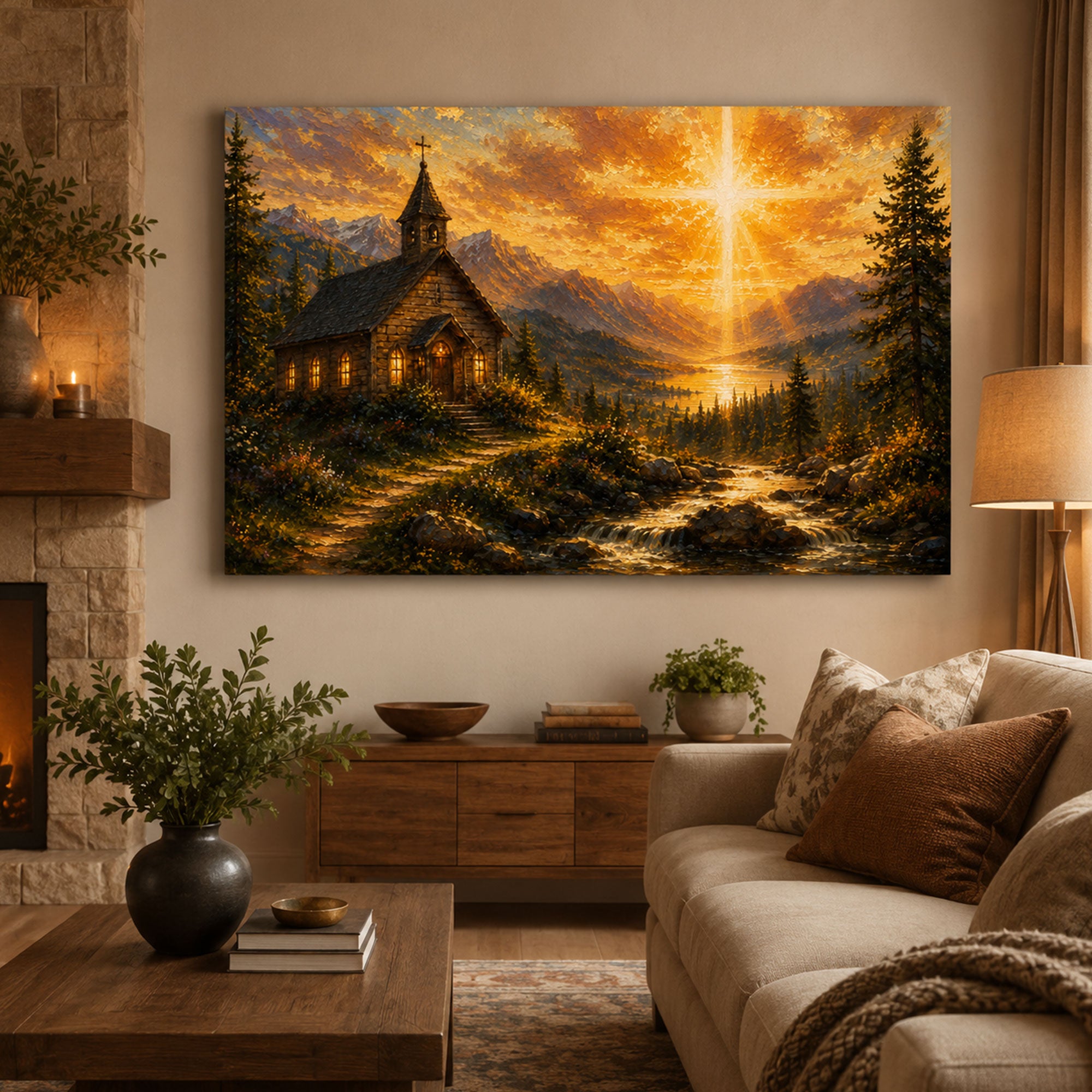 Mountain Church Canvas Print, Heavenly Cross Christian Wall Art, Faith Home Decor