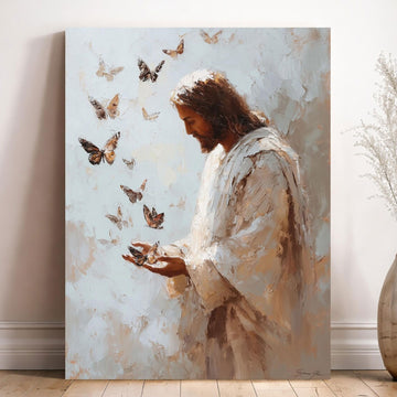 Jesus with Butterflies Canvas Print, Christian Inspirational Wall Art, Peaceful Faith Home Decor