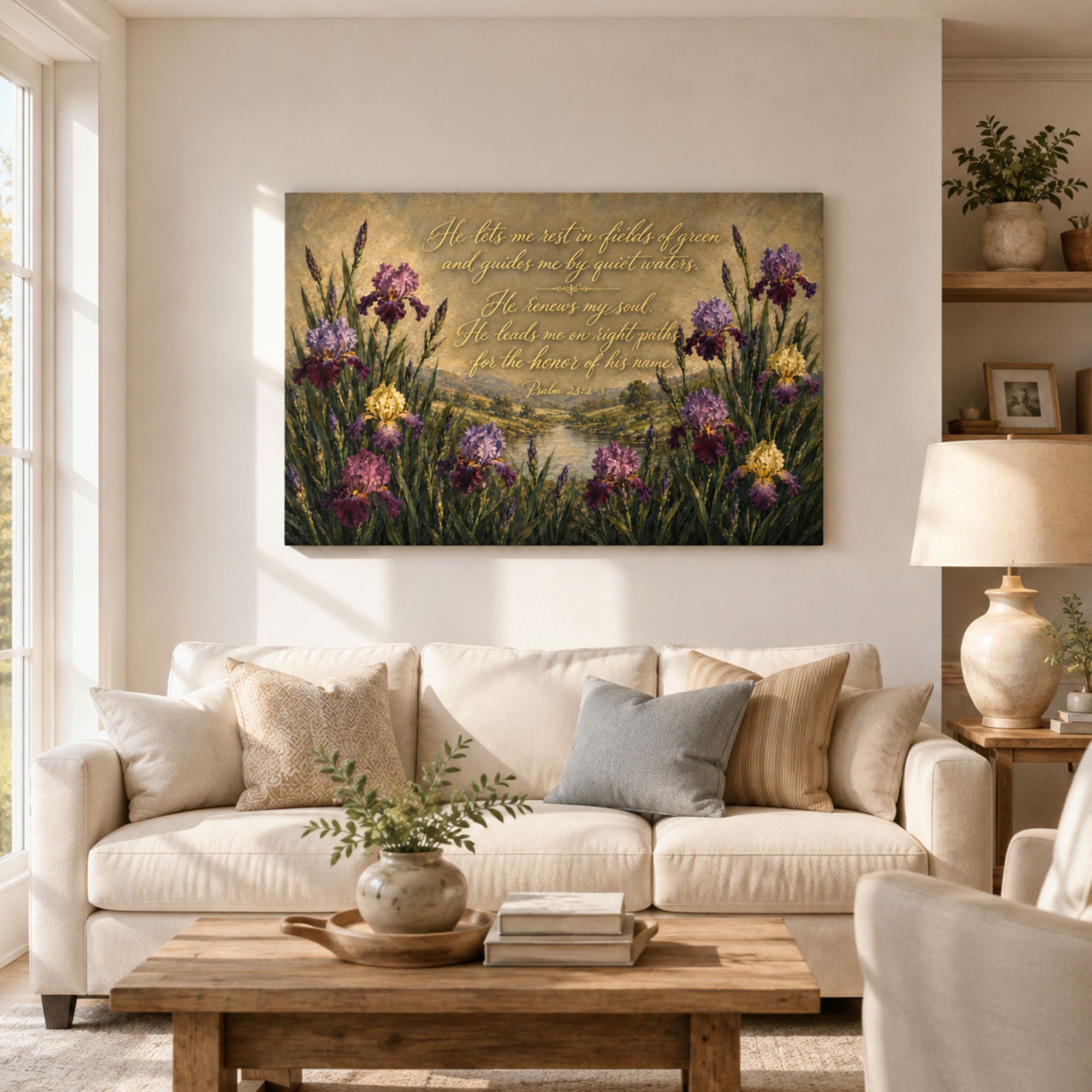 Psalm 23:2-3 Canvas Print, Green Pastures and Quiet Waters Christian Wall Decor, Bible Verse Faith Gift