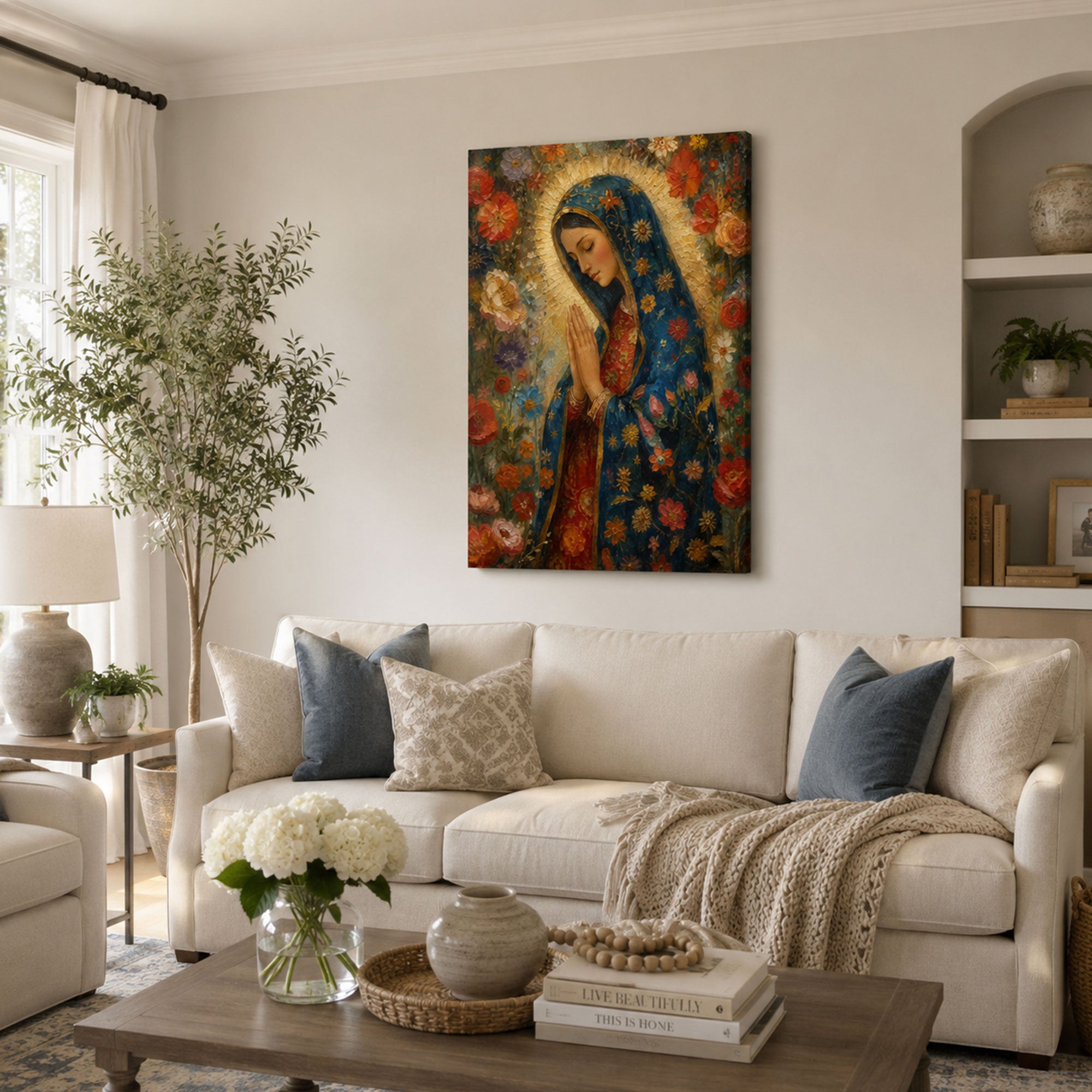 Our Lady of Guadalupe Floral Canvas Print, Virgin Mary Catholic Wall Decor, Marian Faith Gift