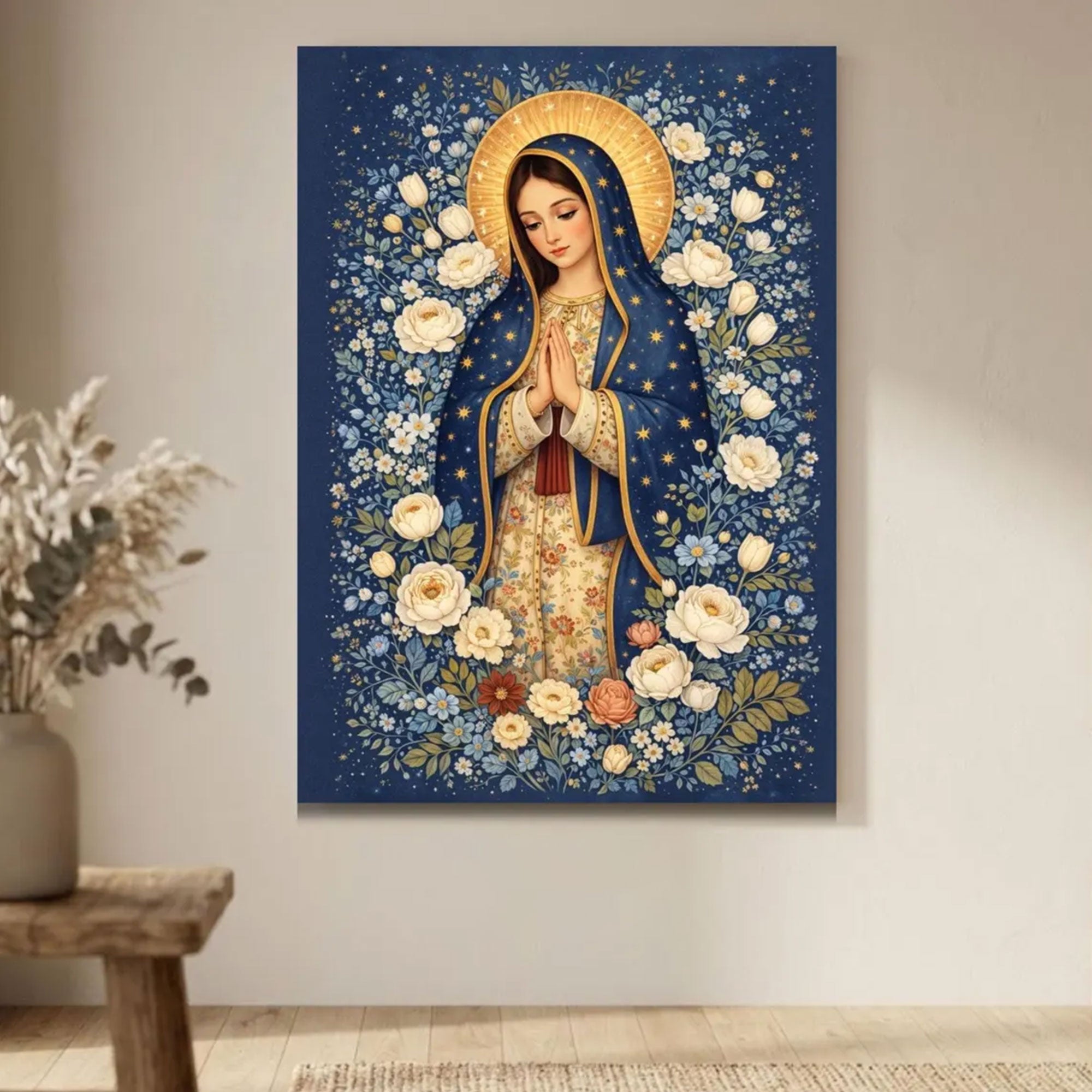Floral Virgin Mary Canvas Print, Blessed Mother Christian Wall Art, Blue Catholic Faith Decor, Heavenly Floral Artwork