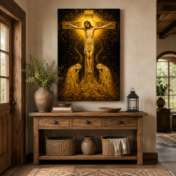 Gustav Klimt Golden Jesus Crucifixion Canvas Print, Religious Christian Wall Art, Sacred Faith Home Decor