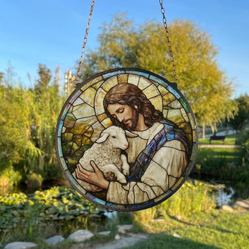 Jesus Holding Lamb Stained Glass Suncatcher, Christian Window Hanging Decor, Faith Wall Art, Religious Home Ornament