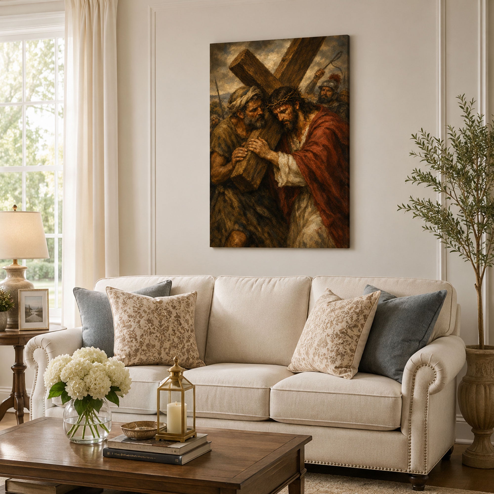 Jesus Carries the Cross Canvas Print, Simon of Cyrene Catholic Wall Art, Passion of Christ Home Decor Gift