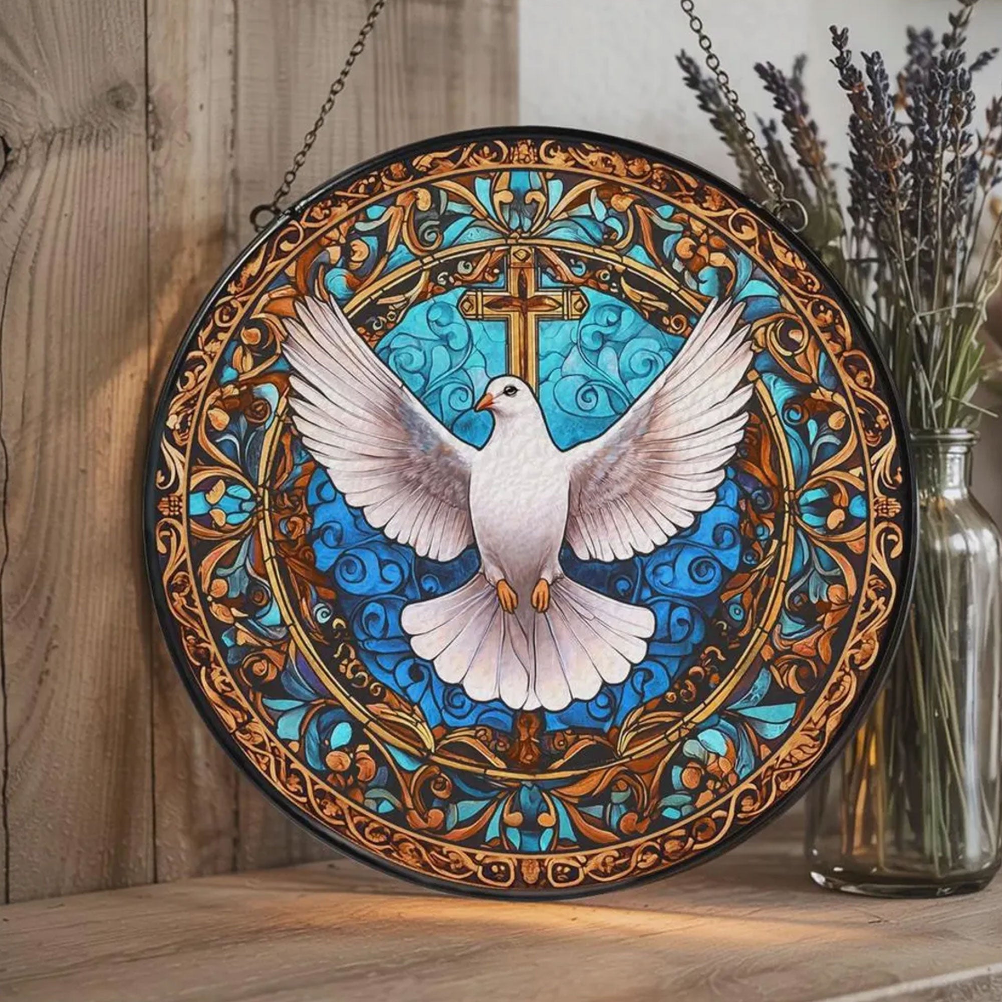 Stained Glass Dove Suncatcher, Holy Spirit Christian Window Hanging, Baptism Gift Decor
