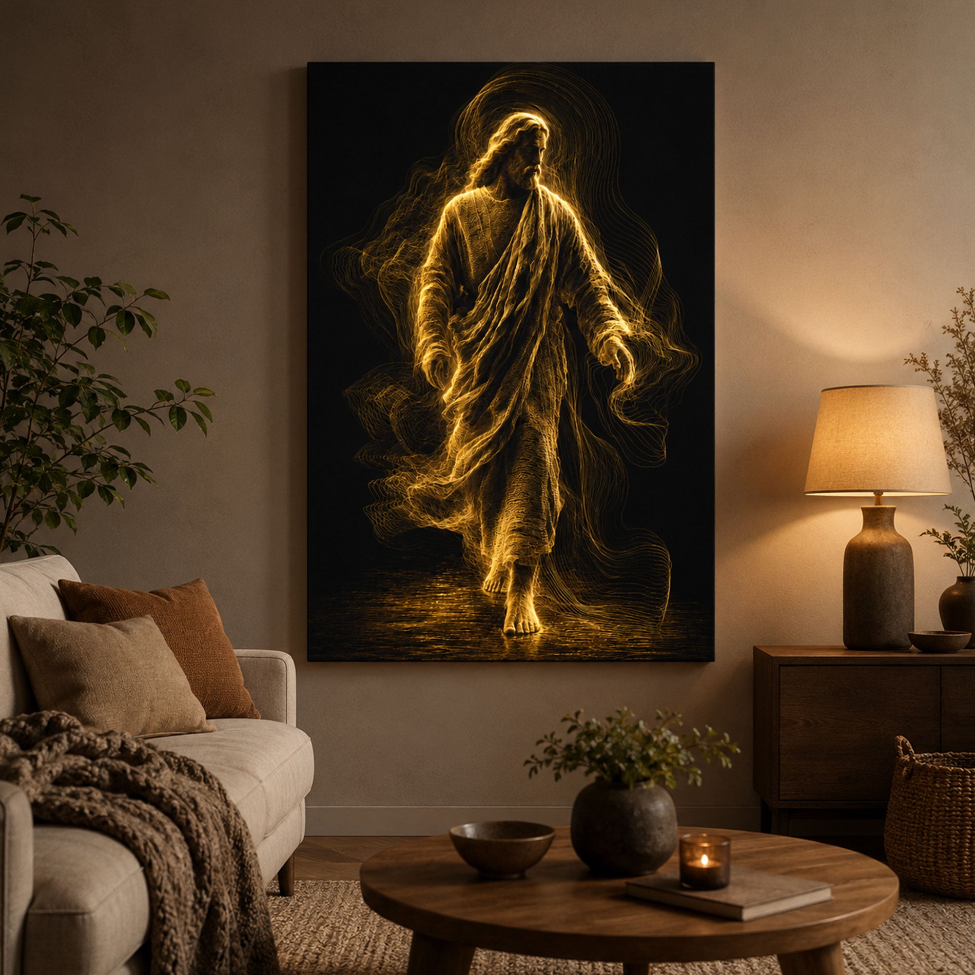 Jesus Walking in Golden Light Canvas Print, Modern Christian Wall Art, Faith Home Decor