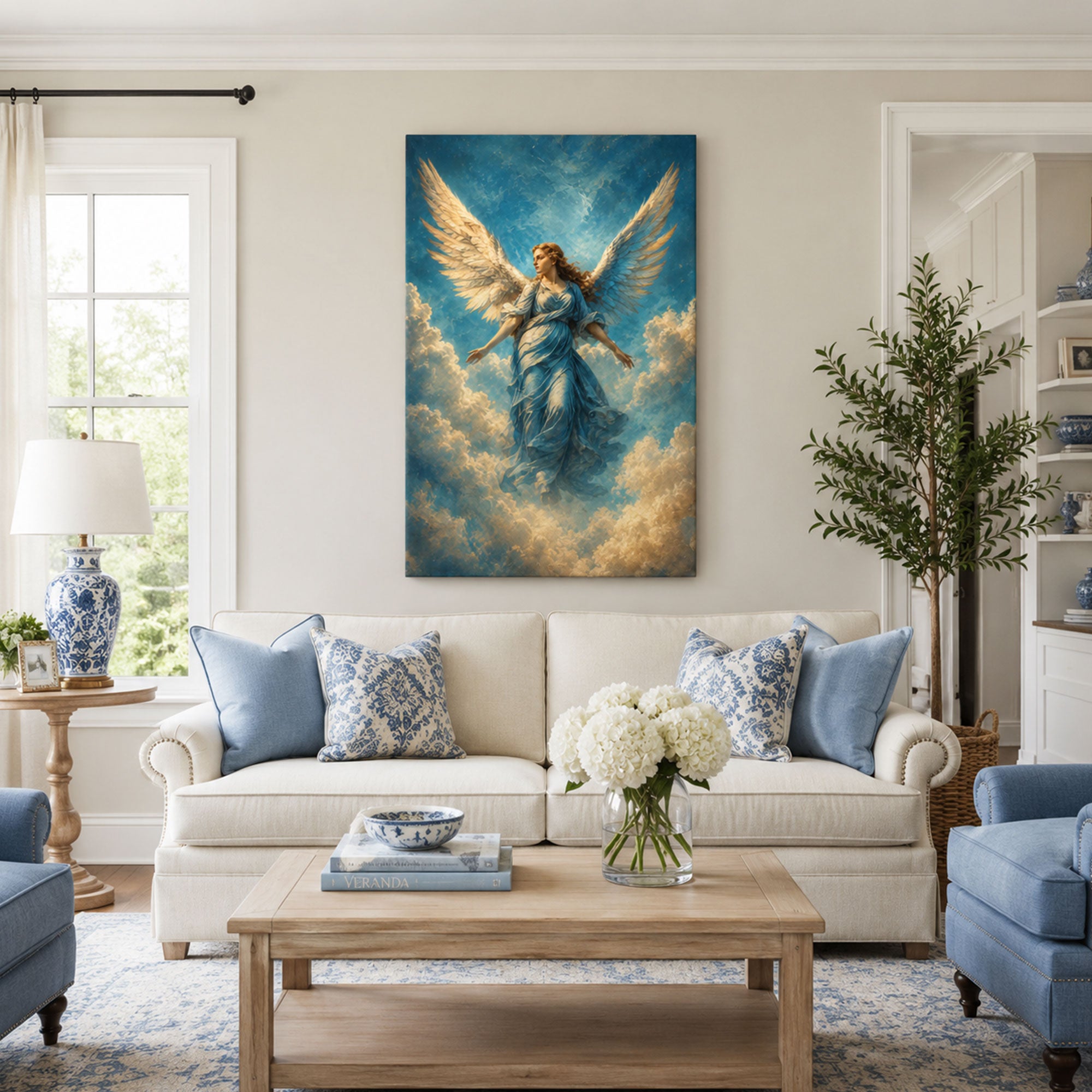 Heavenly Angel Canvas Print, Blue Robe Christian Wall Art, Celestial Faith Home Decor Gift