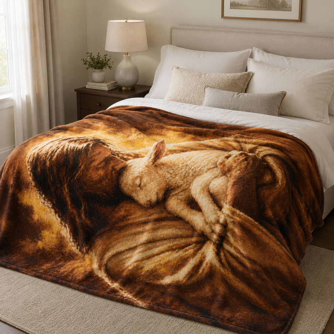 Jesus Holding Lamb Fleece Blanket, Good Shepherd Christian Throw, Faith Gift for Believers
