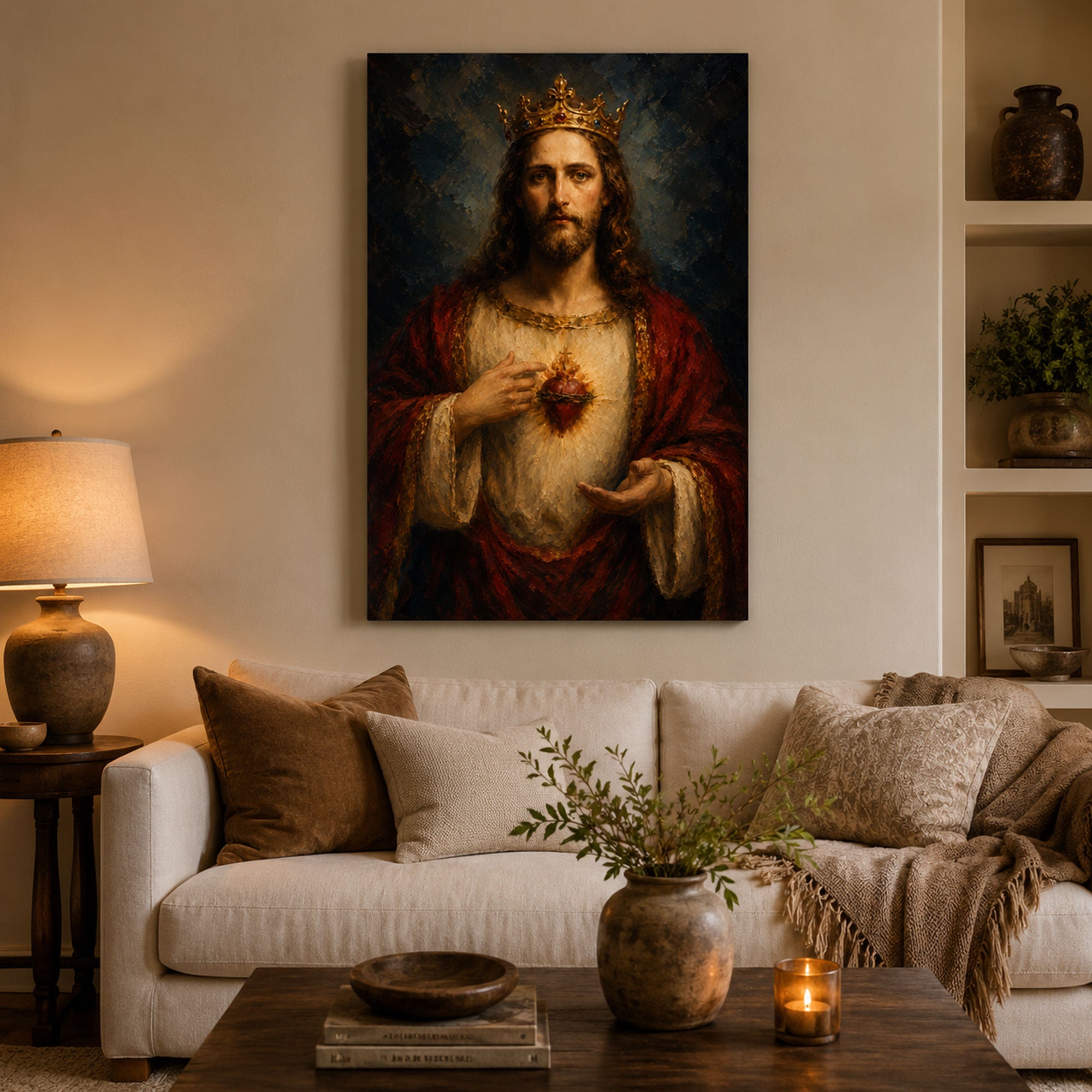 Christ the King Sacred Heart Canvas Print, Crowned Jesus Catholic Wall Art, Royal Christian Home Decor