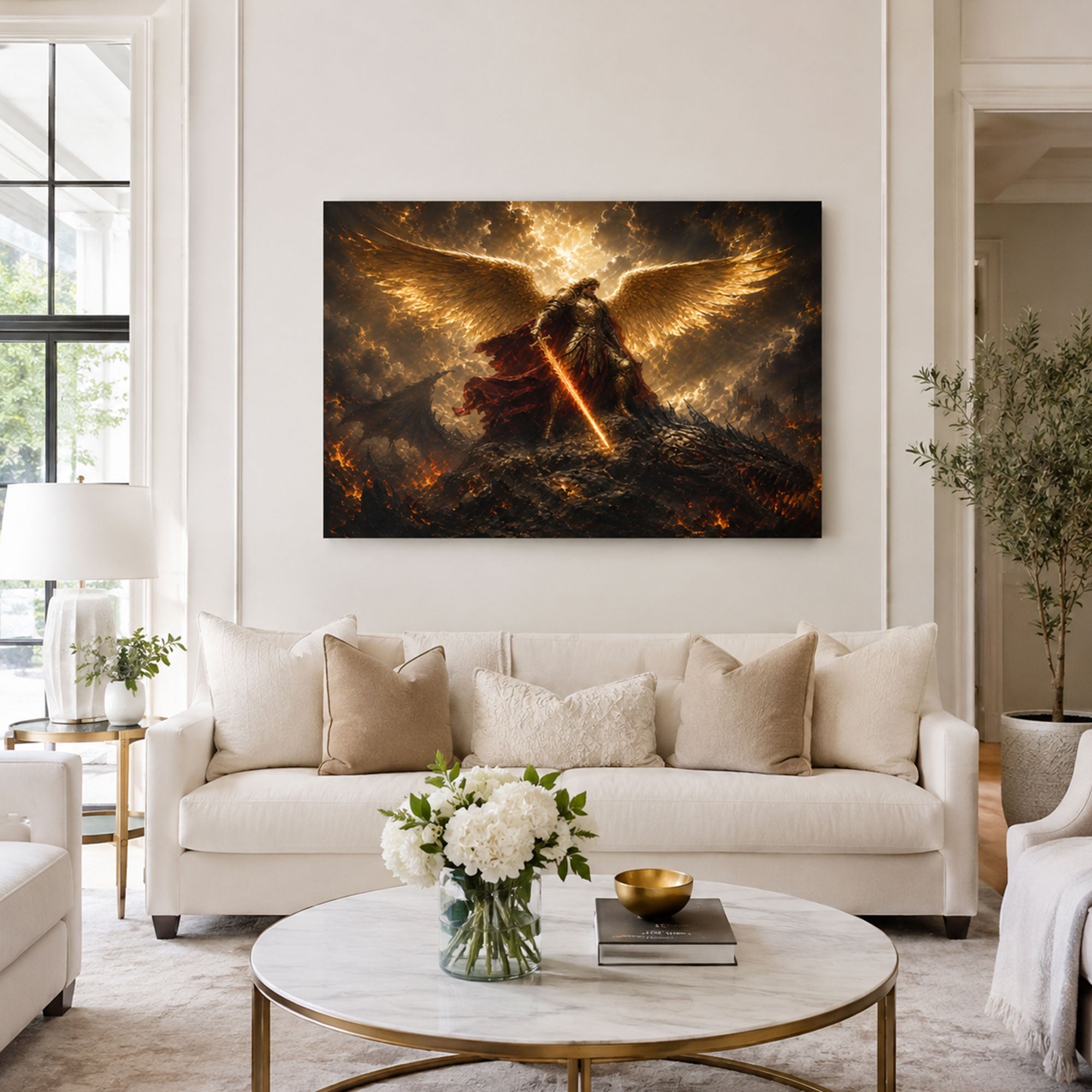 Saint Michael Defeating the Dragon Canvas Print, Revelation 12 Christian Wall Decor, Protection Gift