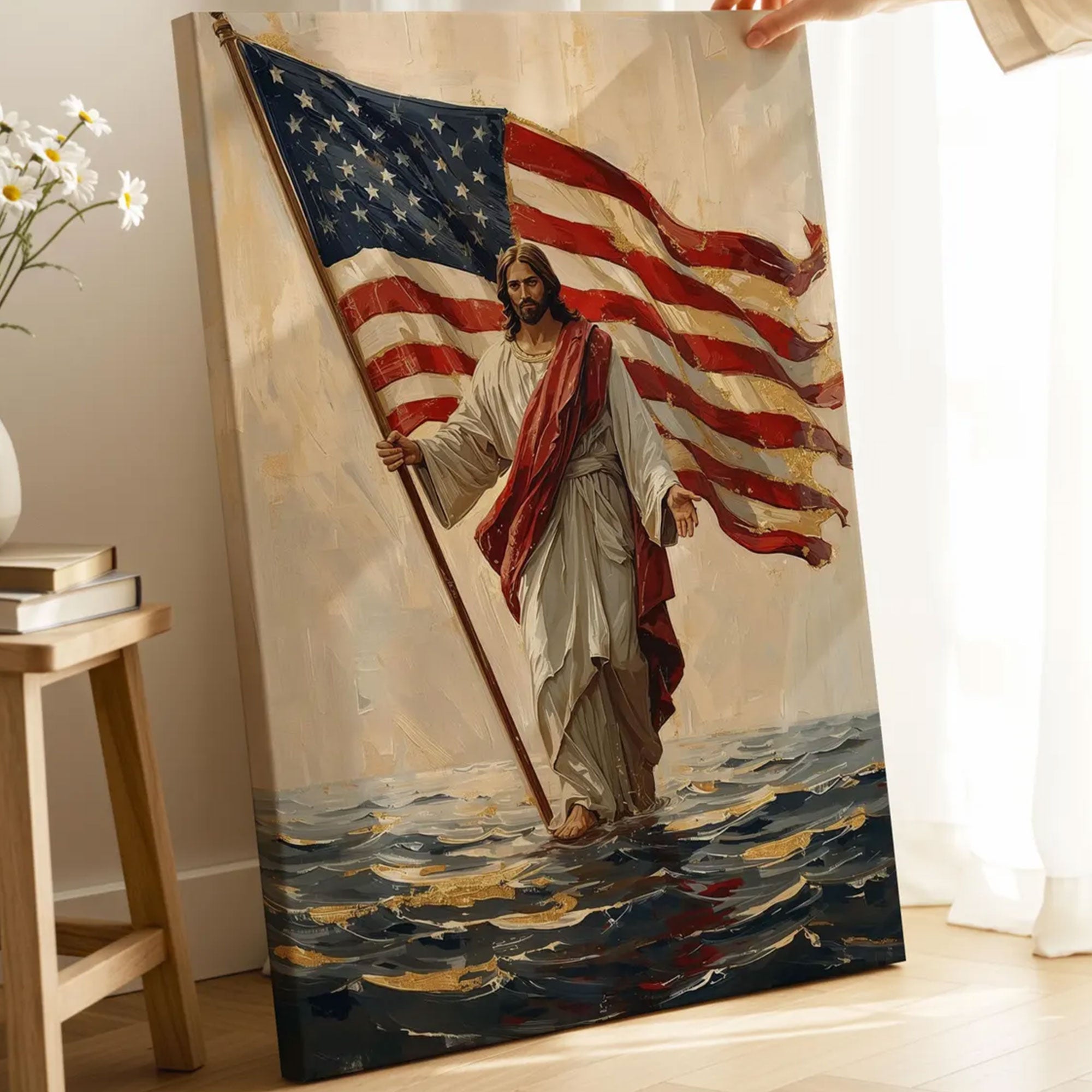 America 250 Patriotic Jesus Canvas Print, 1776–2026 Christian Wall Art, USA Faith Anniversary Decor