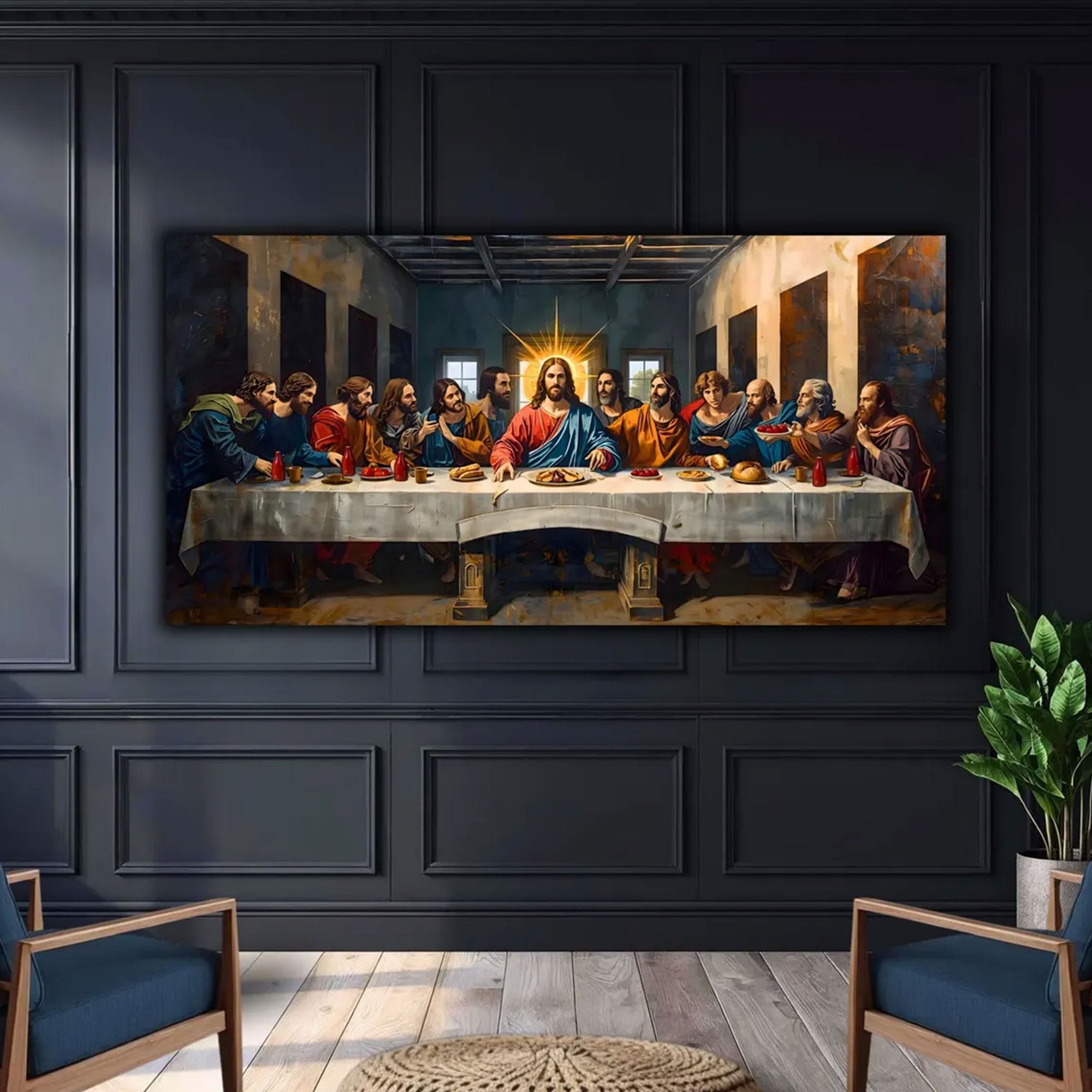 Last Supper Wall Art for Living Room, Modern Christian Jesus Canvas Print, Catholic Panoramic Religious Decor