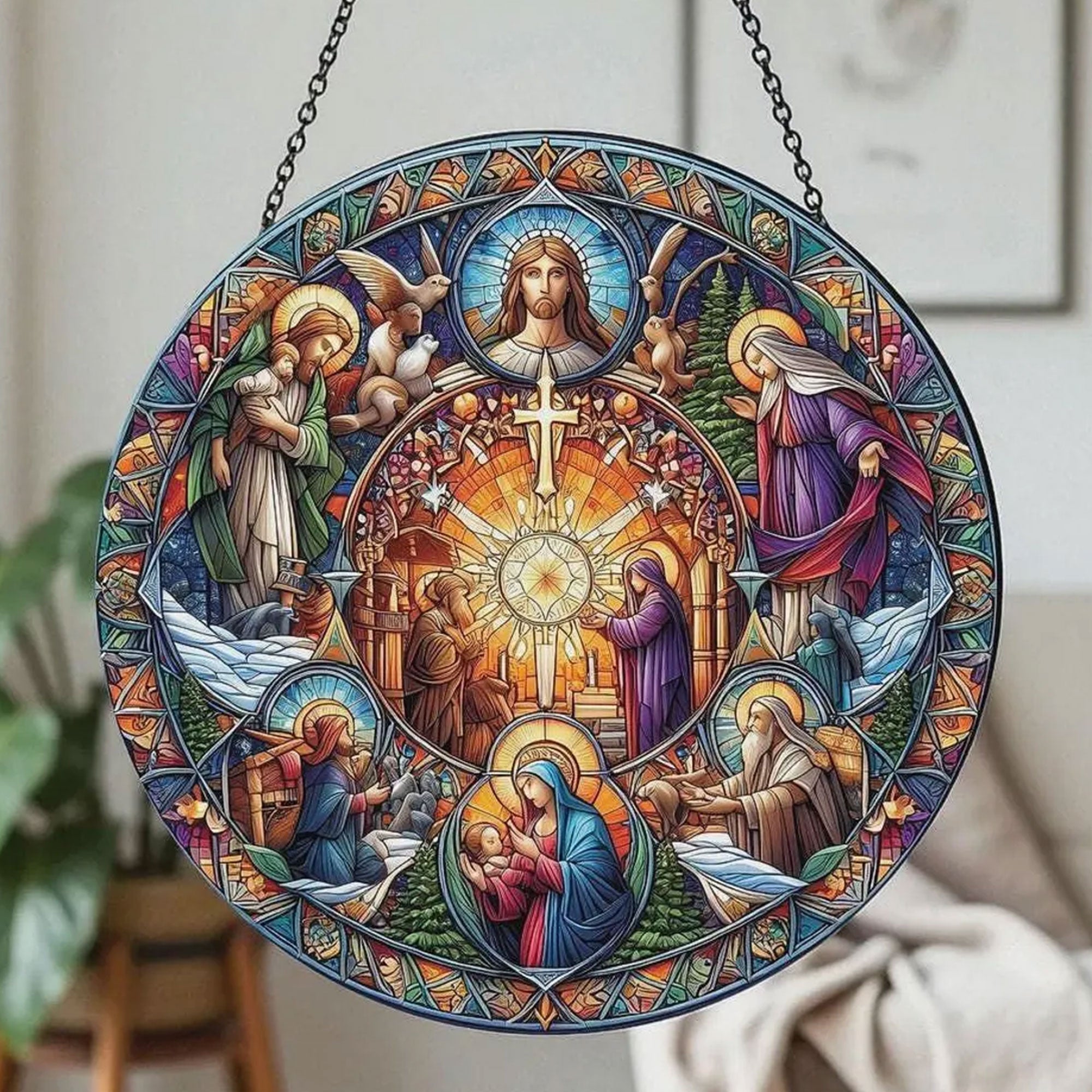 Virgin Mary and Jesus Stained Glass Suncatcher, Catholic Window Hanging Decor, Christian Religious Faith Gift