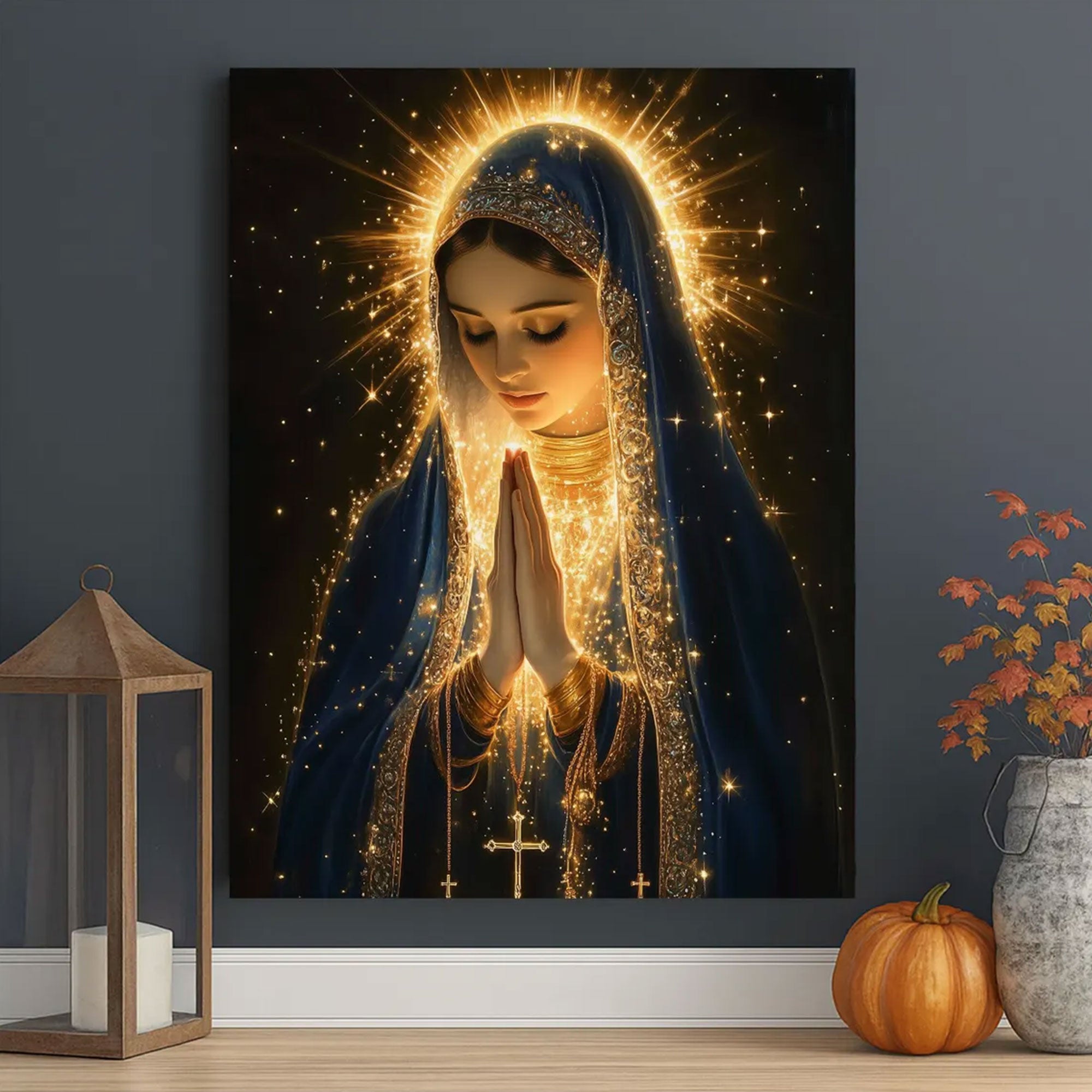Virgin Mary Canvas Wall Art, Glowing Light Catholic Decor, Spiritual Christian Home Decoration