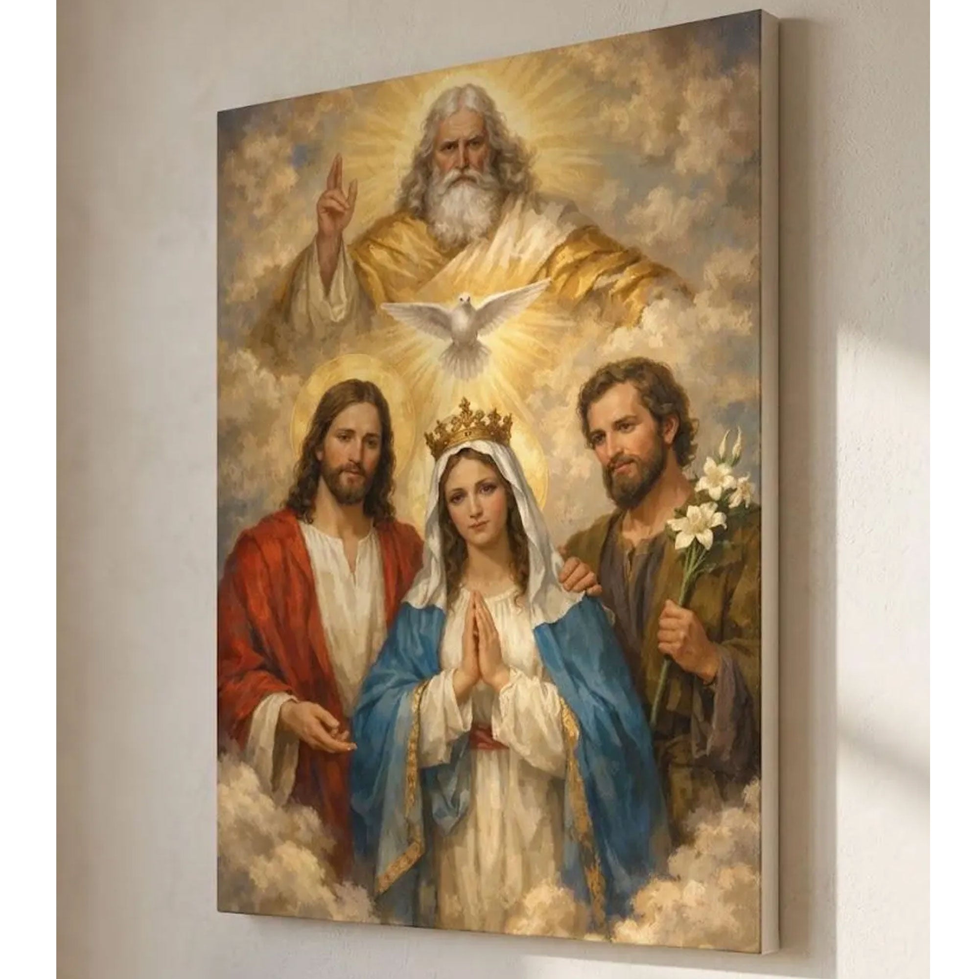 Catholic Holy Family Canvas Print, Virgin Mary Jesus and Joseph Wall Art, Sacred Christian Faith Home Decor