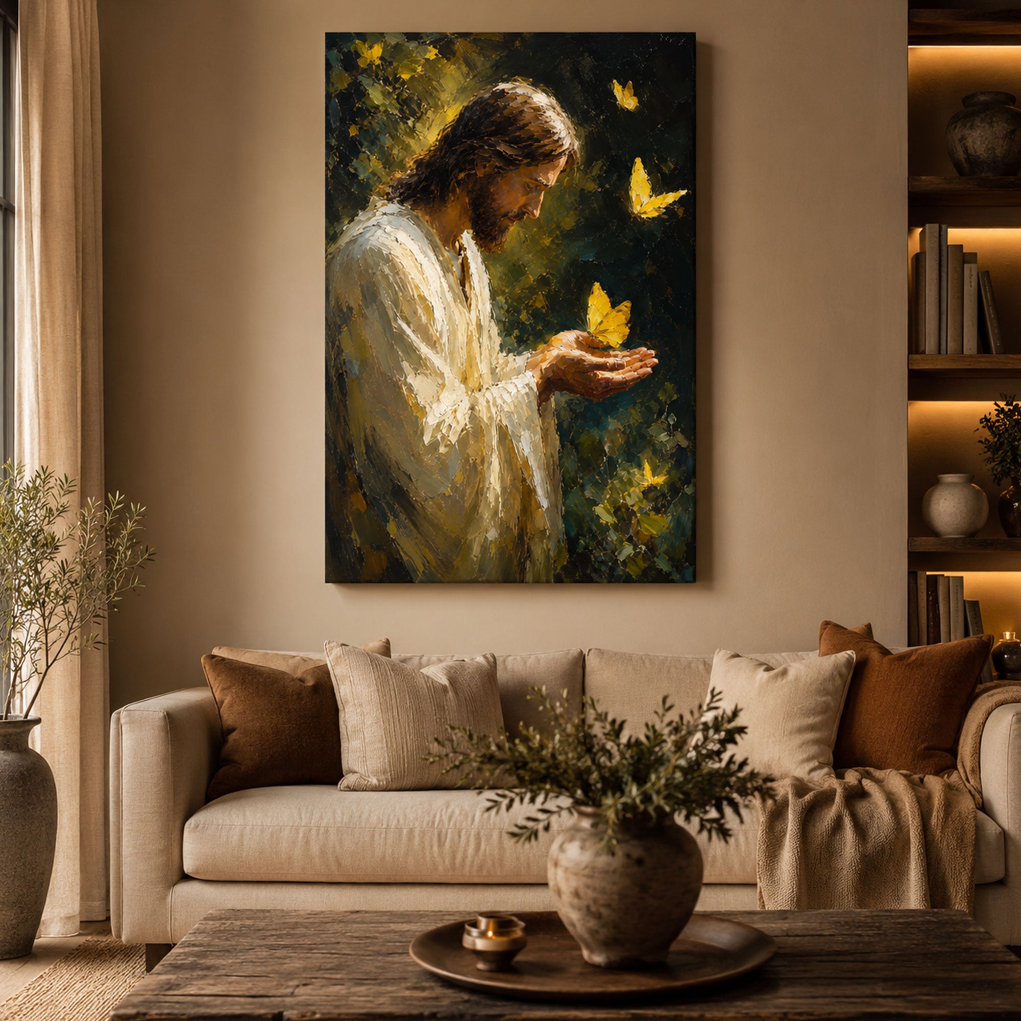 Jesus with Butterfly Canvas Print, Gentle Christian Wall Art, Hope and Peace Faith Home Decor