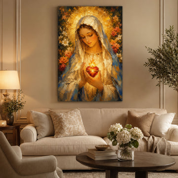 Immaculate Heart of Mary Canvas Print, Blessed Virgin Mary Wall Art, Catholic Sacred Heart Decor, Floral Religious Home Decor