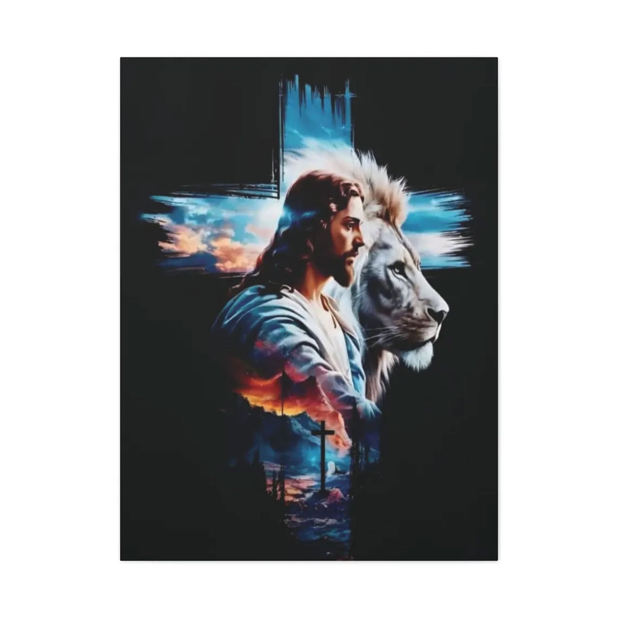 Jesus with Lion Canvas Wall Art ,Peaceful Christian Design, Religious Home Decor Gift