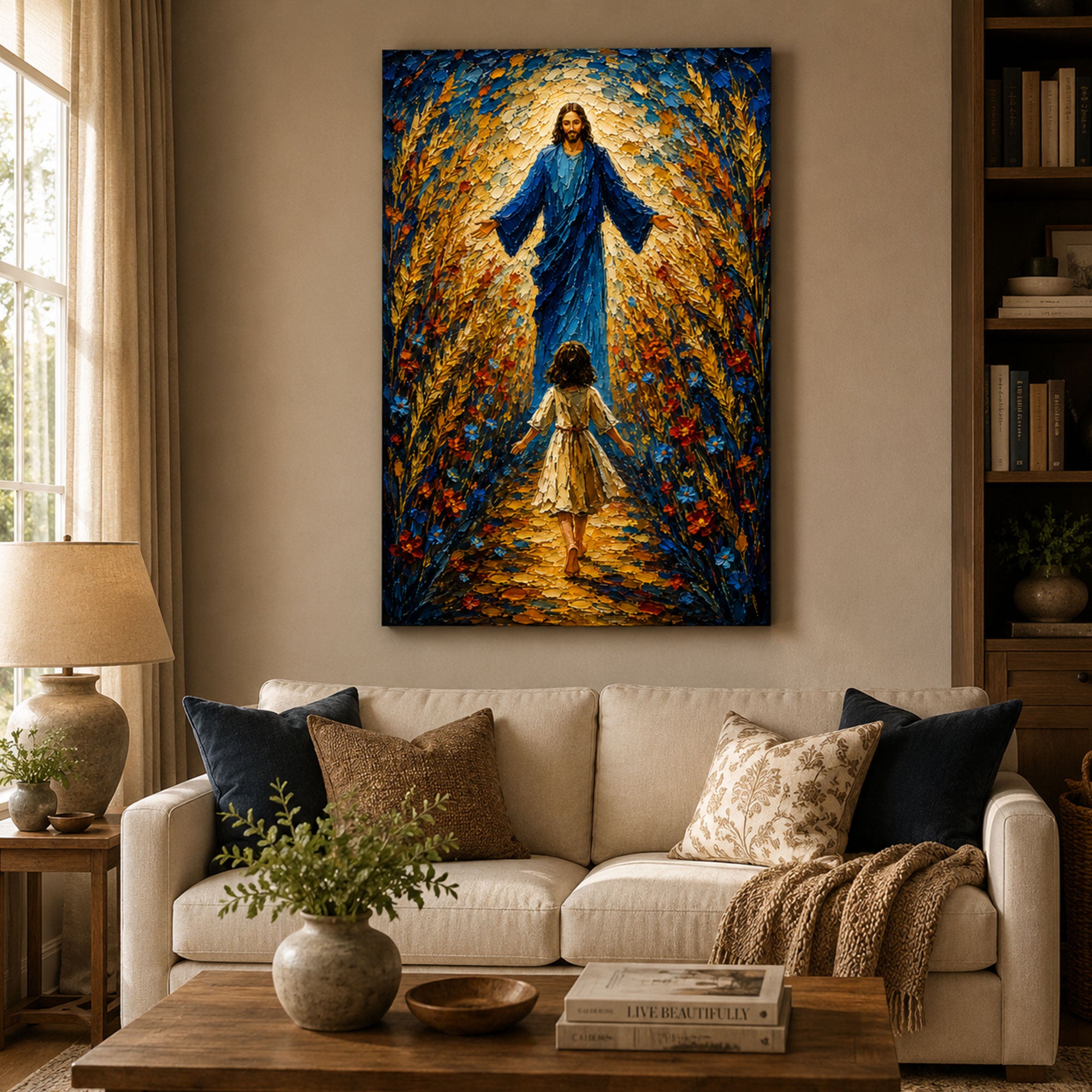 Jesus Welcomes a Little Girl Canvas Print, Christian Child Faith Wall Art, Walk With Jesus Home Decor