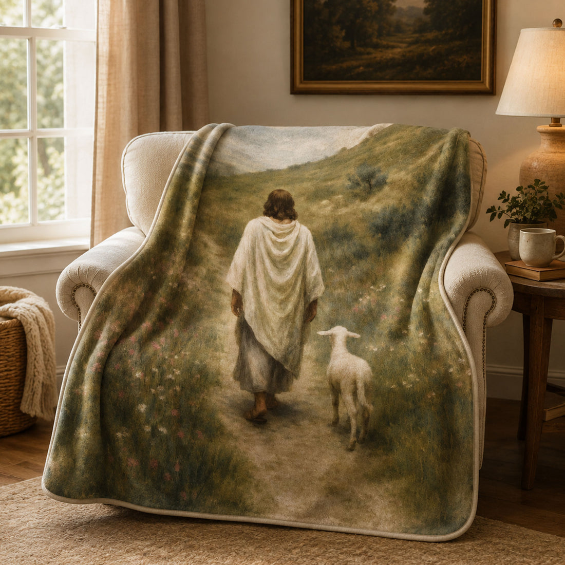 Jesus Walking with Lamb Fleece Blanket, Good Shepherd Christian Throw, Faith Gift for Believers