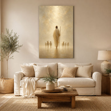 Jesus Shepherd Walking with Sheep Canvas Print, Peaceful Christian Wall Art, Spiritual Faith Home Decor