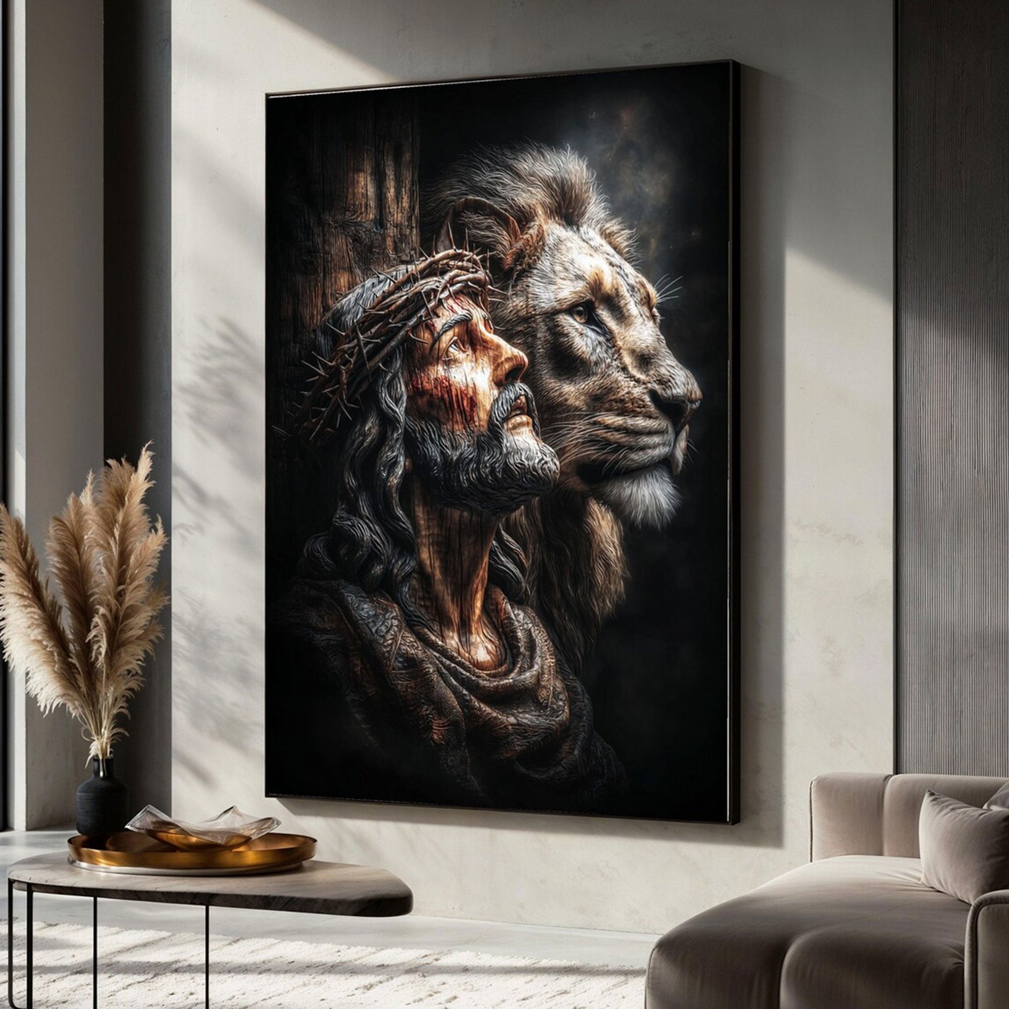 Jesus with Crown of Thorns and Lion Canvas Print, Christian Faith and Strength Wall Art, Inspirational Spiritual Decor
