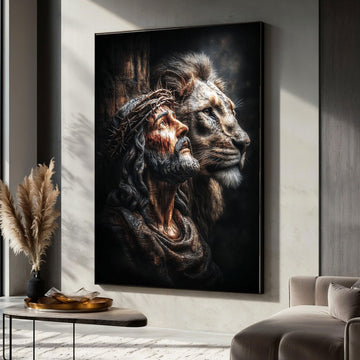 Jesus with Crown of Thorns and Lion Canvas Print, Christian Faith and Strength Wall Art, Inspirational Spiritual Decor