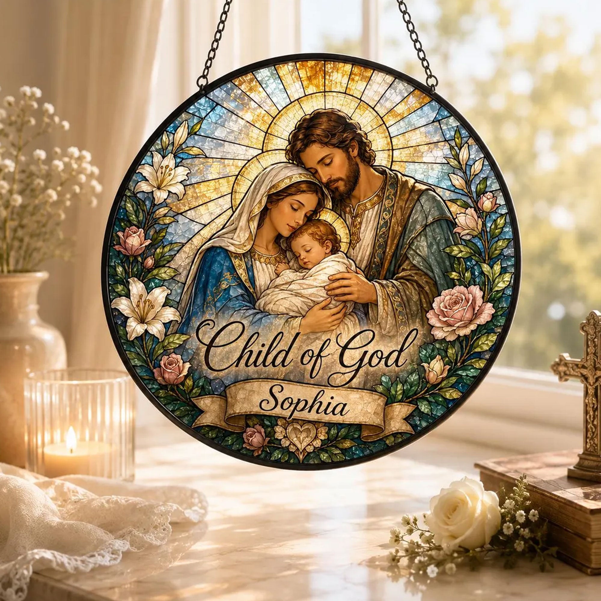 Personalized Child of God Holy Family Suncatcher, Custom Name Catholic Baptism Gift for Baby Girl