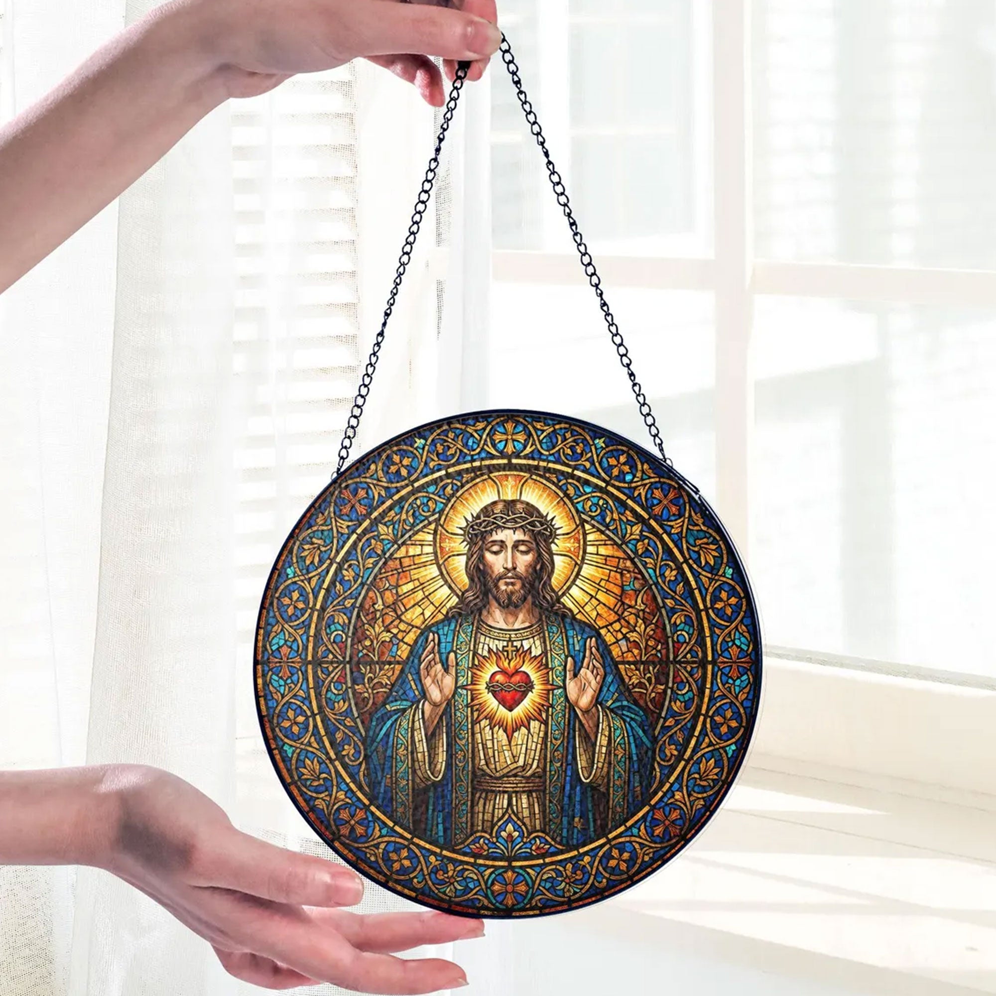 Sacred Heart of Jesus Stained Glass Suncatcher, Christian Window Hanging Decor, Catholic Religious Faith Gift