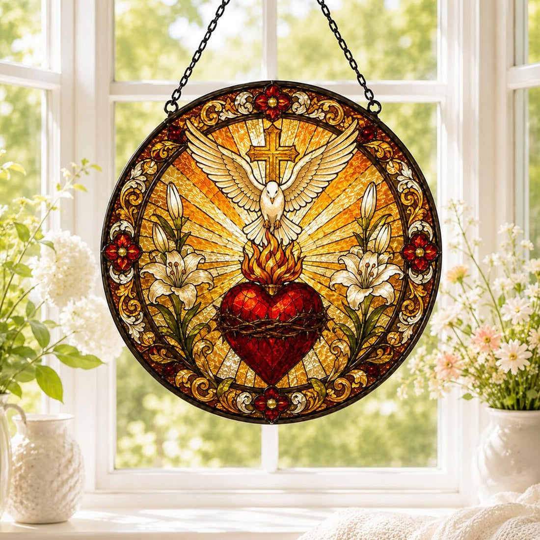 Sacred Heart and Holy Spirit Dove Stained Glass Suncatcher, Catholic Window Hanging, Christian Faith Gift