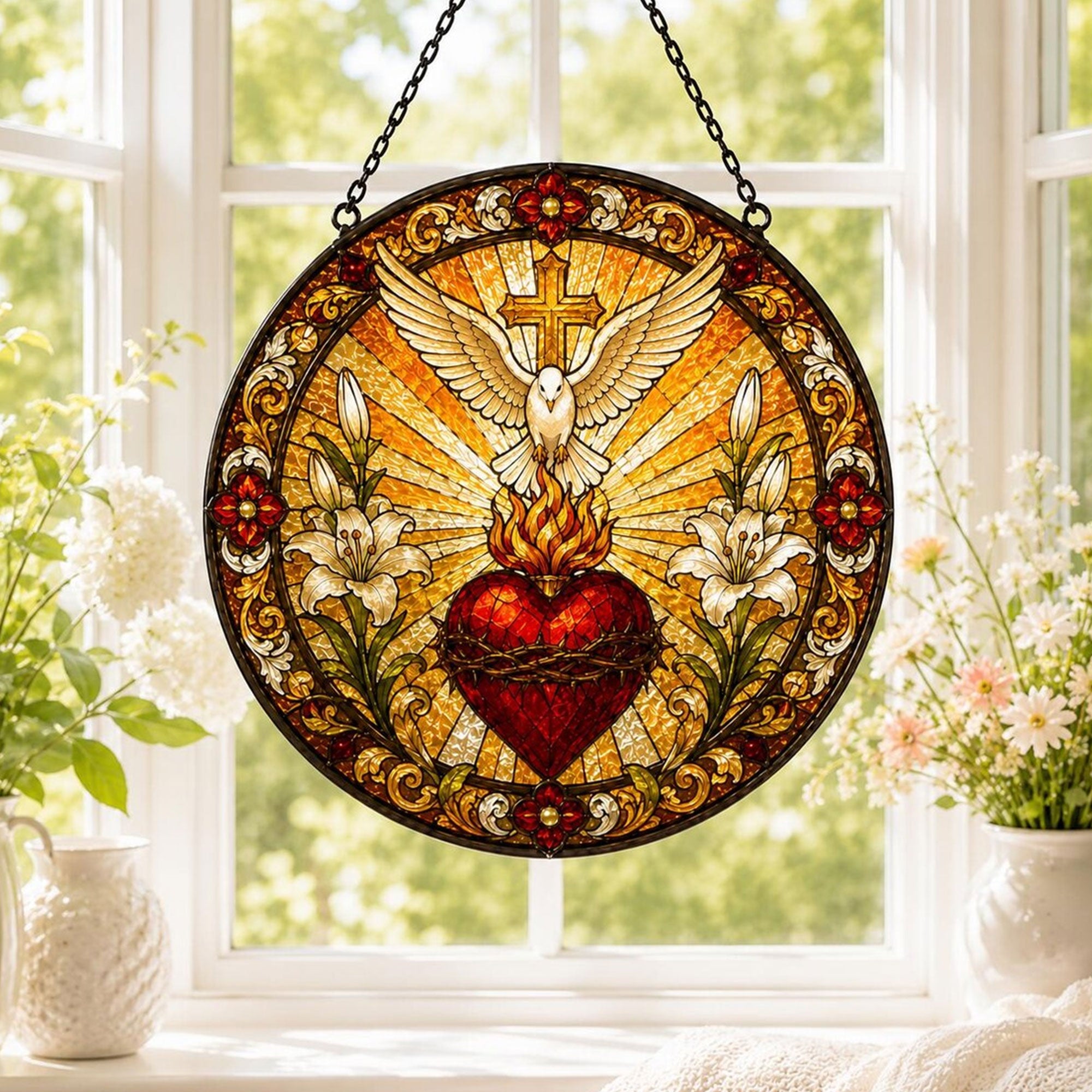 Sacred Heart and Holy Spirit Dove Stained Glass Suncatcher, Catholic Window Hanging, Christian Faith Gift