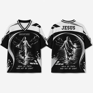 Personalized Jesus Walking on Water Mesh Jersey, Custom Name Walk by Faith Christian Apparel