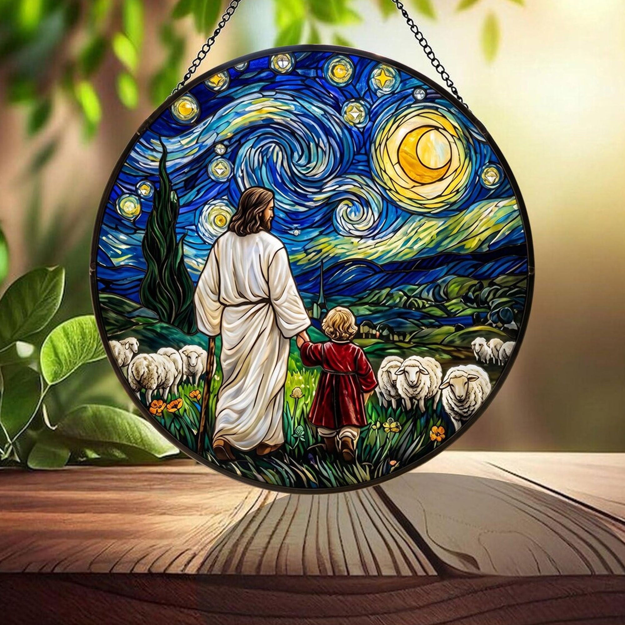 Walking with Jesus Suncatcher, Christ and Child Good Shepherd Window Hanging, Christian Faith Gift