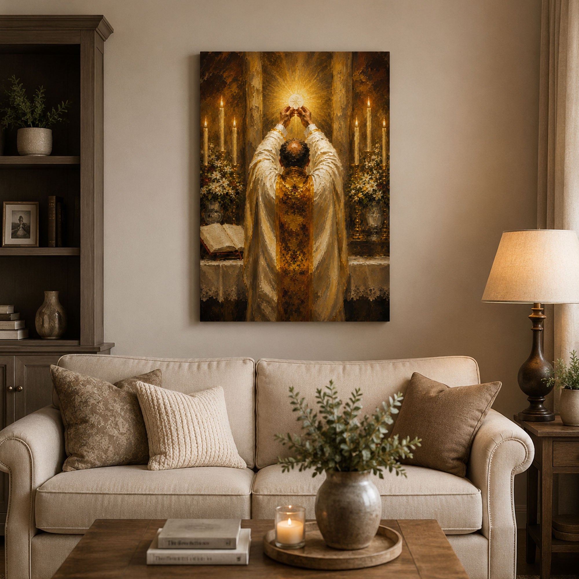 Holy Eucharist Canvas Print, Catholic Mass Wall Art, Priest Elevating the Host Faith Home Decor Gift