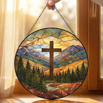 Christian Cross Mountain Stained Glass Suncatcher, Window Hanging Decor, Religious Faith Gift, Nature Home Accent
