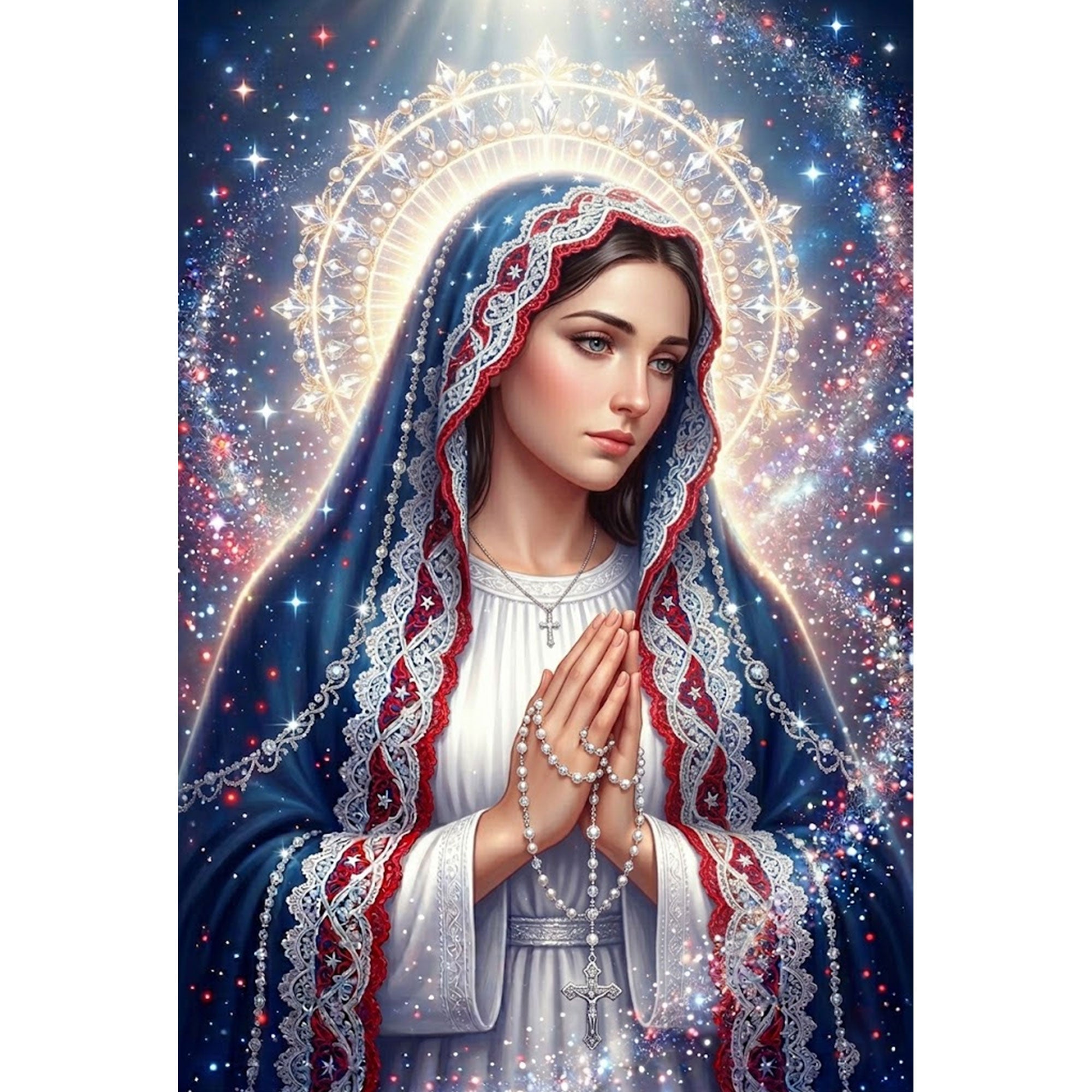 Praying Virgin Mary Canvas Print, Rosary Madonna Wall Art, Starry Sky Catholic Decor, Red White Blue Faith Artwork