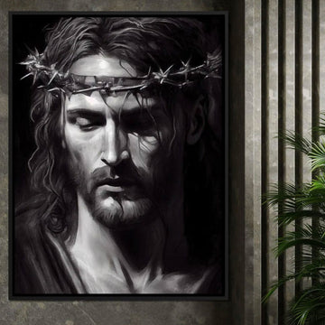 Black & White Jesus Portrait Canvas Print, Crown of Thorns Christian Wall Art, Minimalist Religious Decor