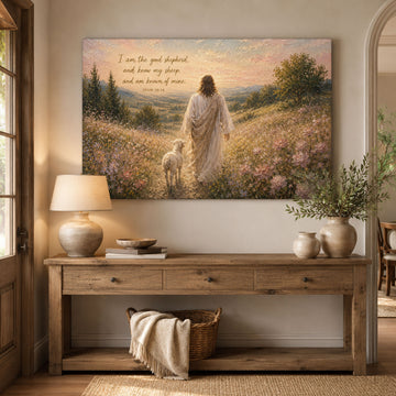 Jesus Good Shepherd Canvas Print John 10:14 Christian Wall Art Floral Landscape Faith Home Decor
