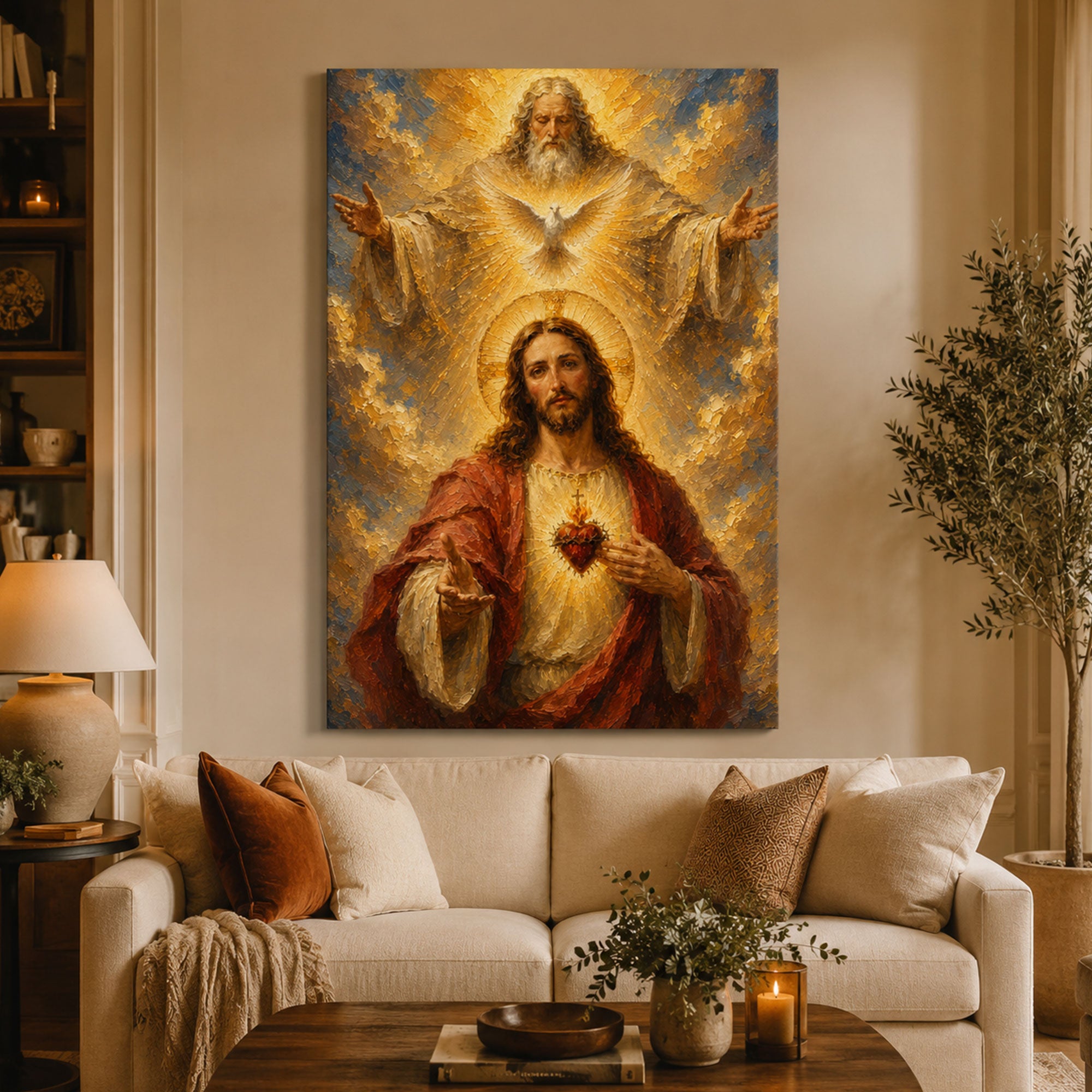 Holy Trinity Sacred Heart Jesus Canvas Print, Catholic Christian Wall Art, Faith Home Decor