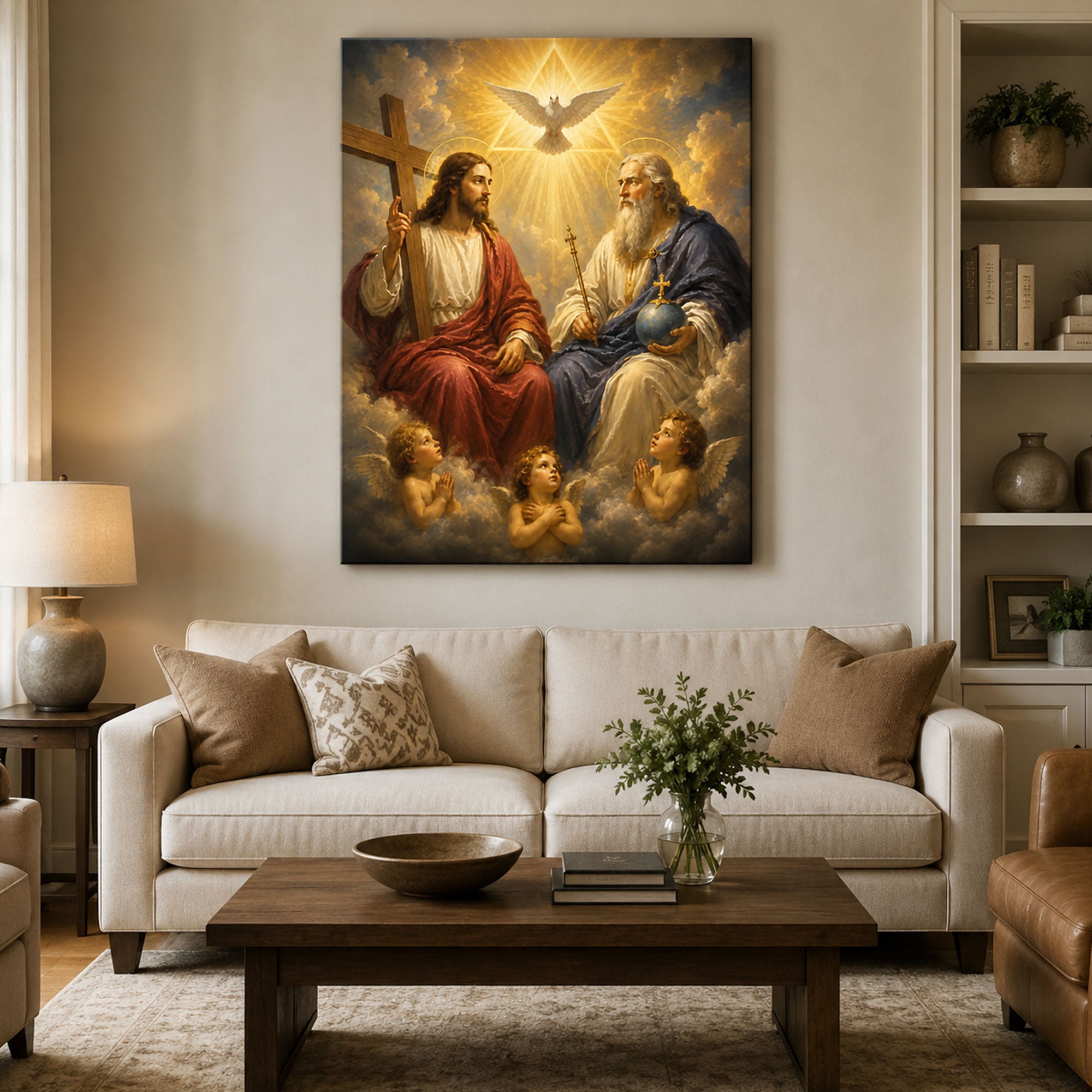 Holy Trinity Catholic Wall Art God the Father Jesus Christ and Holy Spirit Dove Canvas Print Christian Religious Home Decor Sacred Trinity