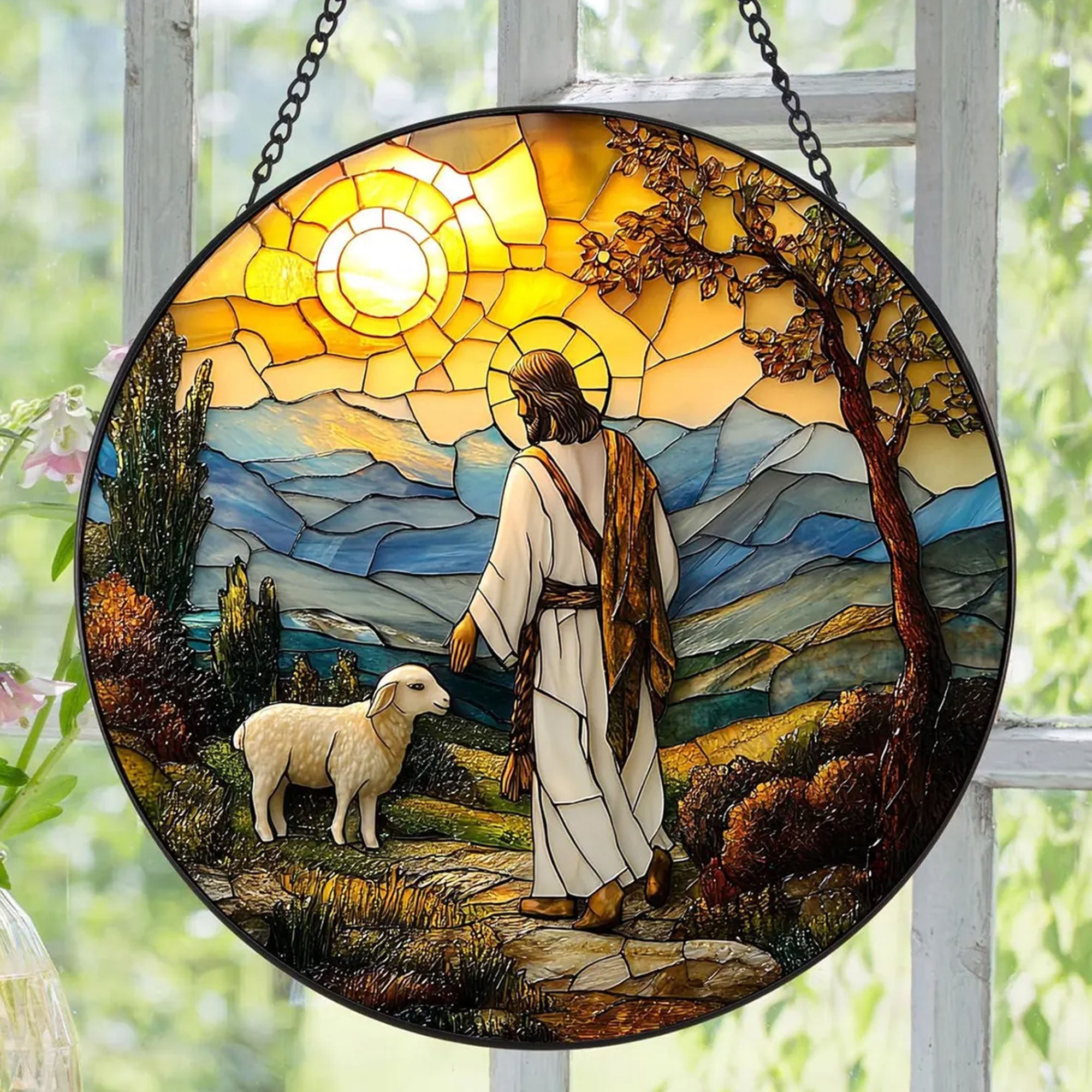 Personalized Jesus Is King Suncatcher, Custom Name Sacred Heart Window Hanging