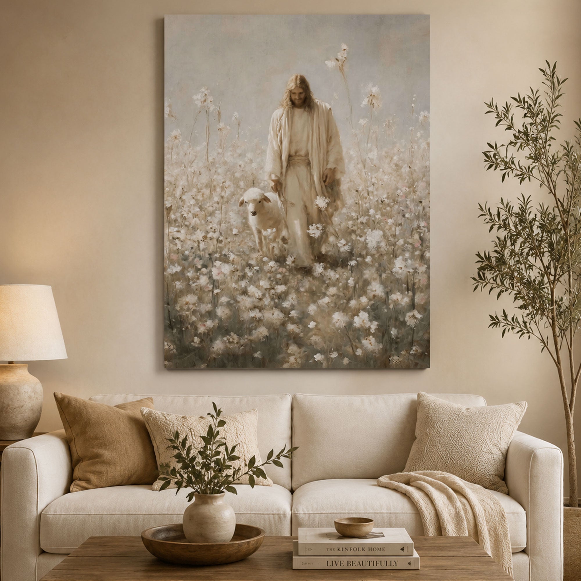 Jesus the Good Shepherd Canvas Print, Walking with Lamb in Wildflower Field, Neutral Christian Wall Art, Religious Home Decor, Faith Inspired Gift