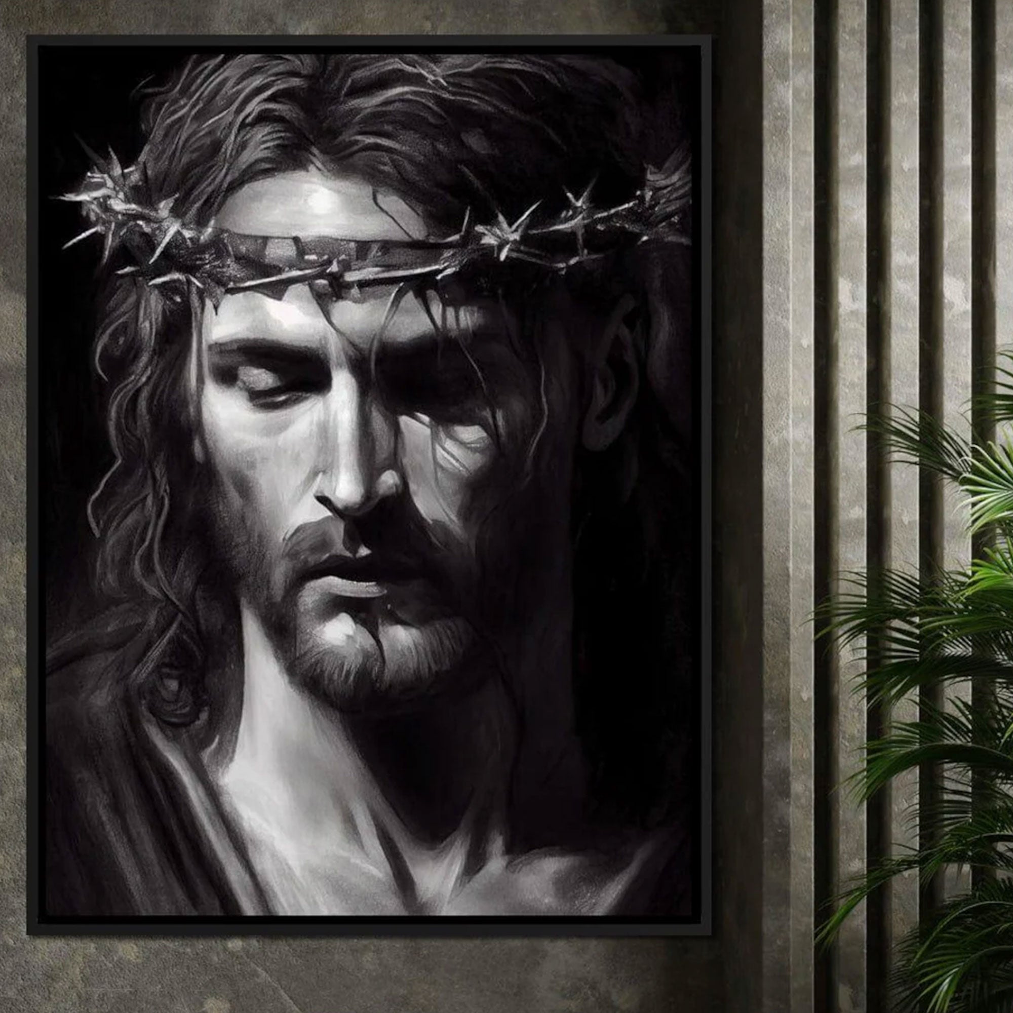 Black & White Jesus Portrait Canvas Print, Crown of Thorns Christian Wall Art, Minimalist Religious Decor