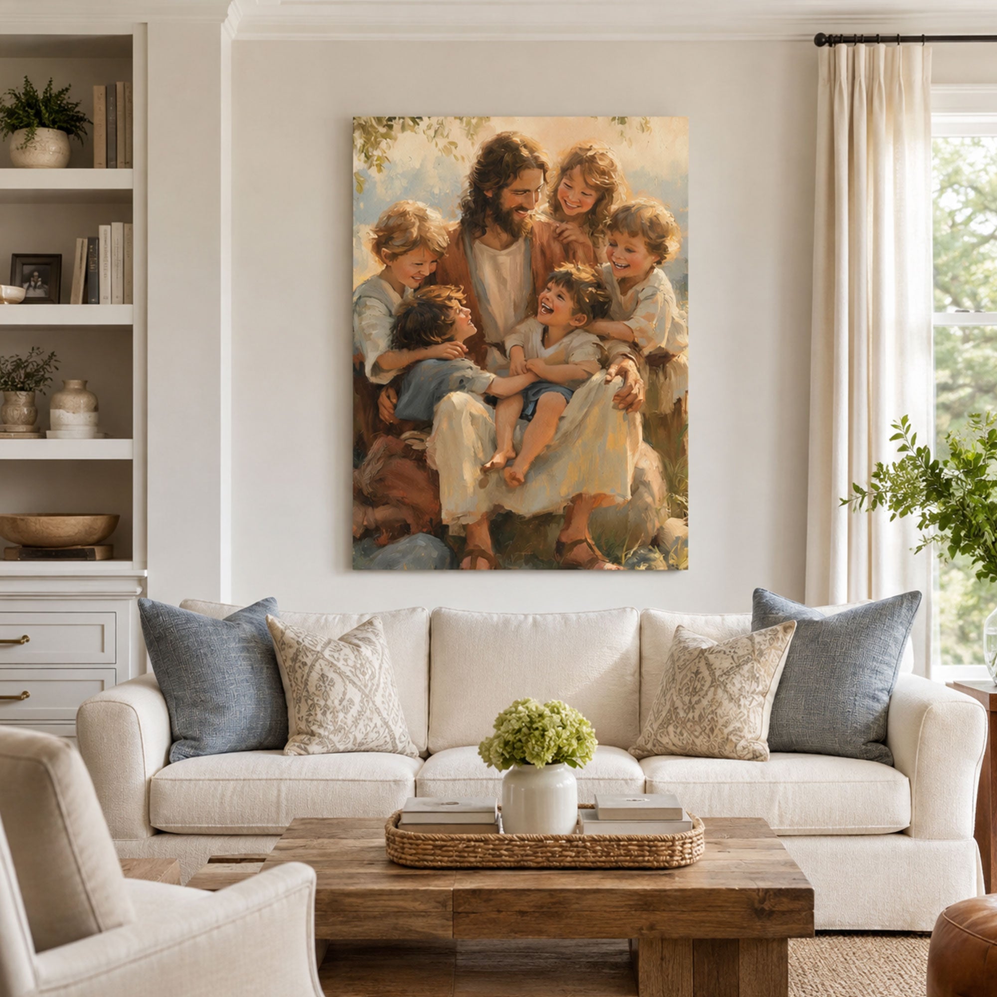 Jesus with Children Canvas Print, Let the Little Children Come to Me Matthew 19:14 Christian Wall Decor